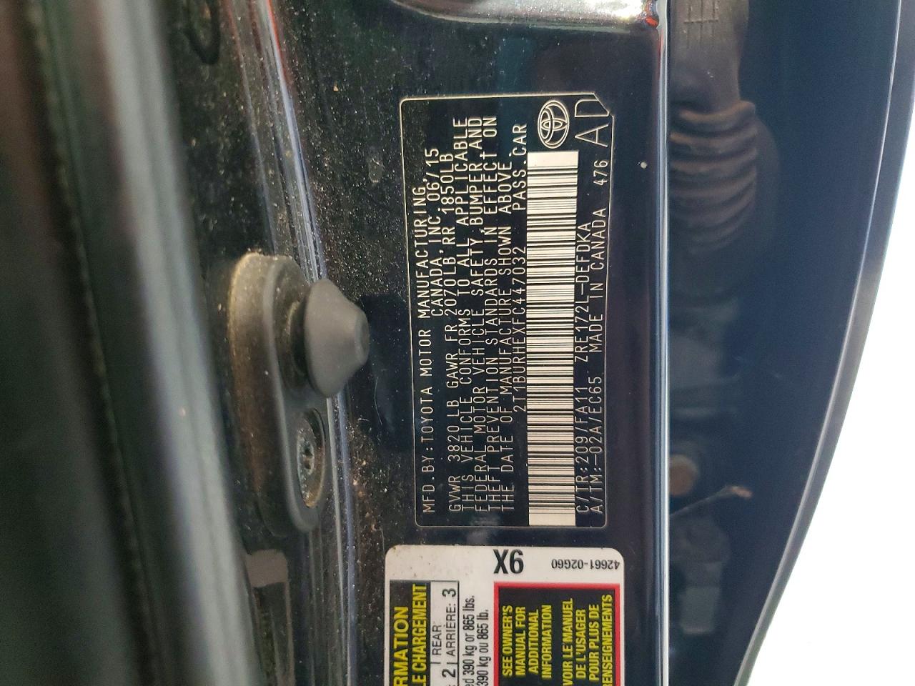 2015 Toyota Corolla L Черный vin: 2T1BURHEXFC447032