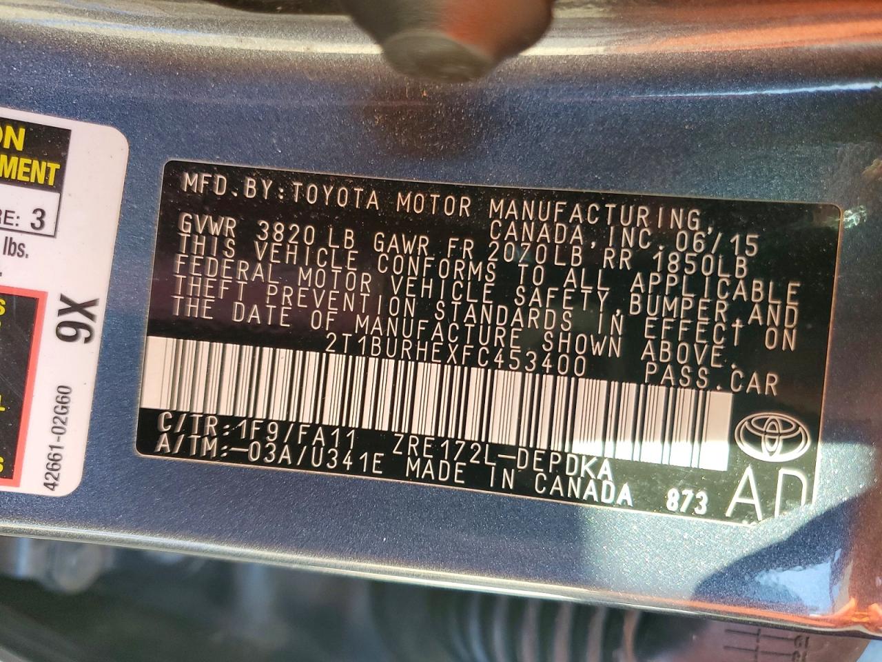 2015 Toyota Corolla L Charcoal vin: 2T1BURHEXFC453400