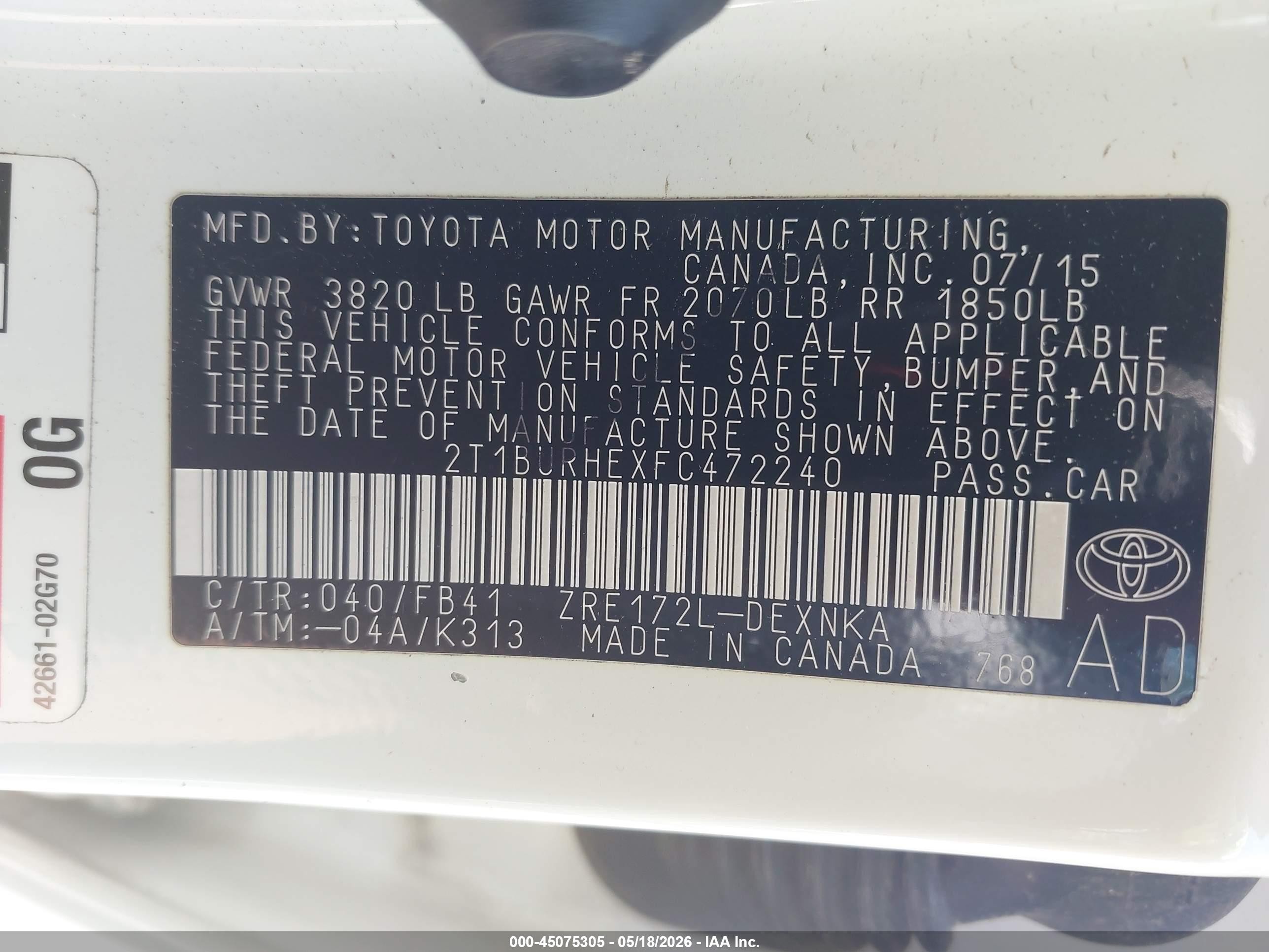 2015 Toyota Corolla Le White vin: 2T1BURHEXFC472240