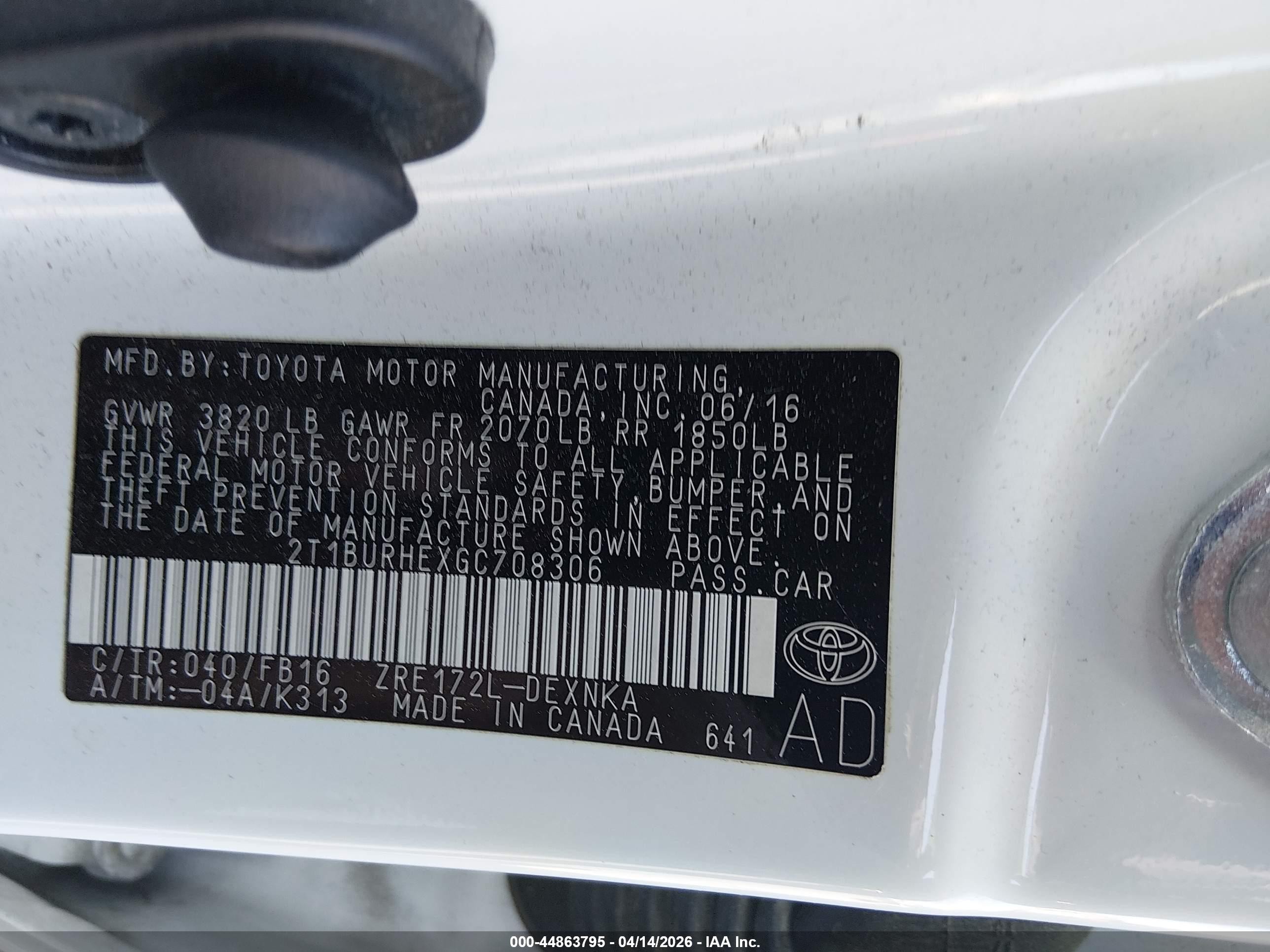 2016 Toyota Corolla Le White vin: 2T1BURHEXGC708306