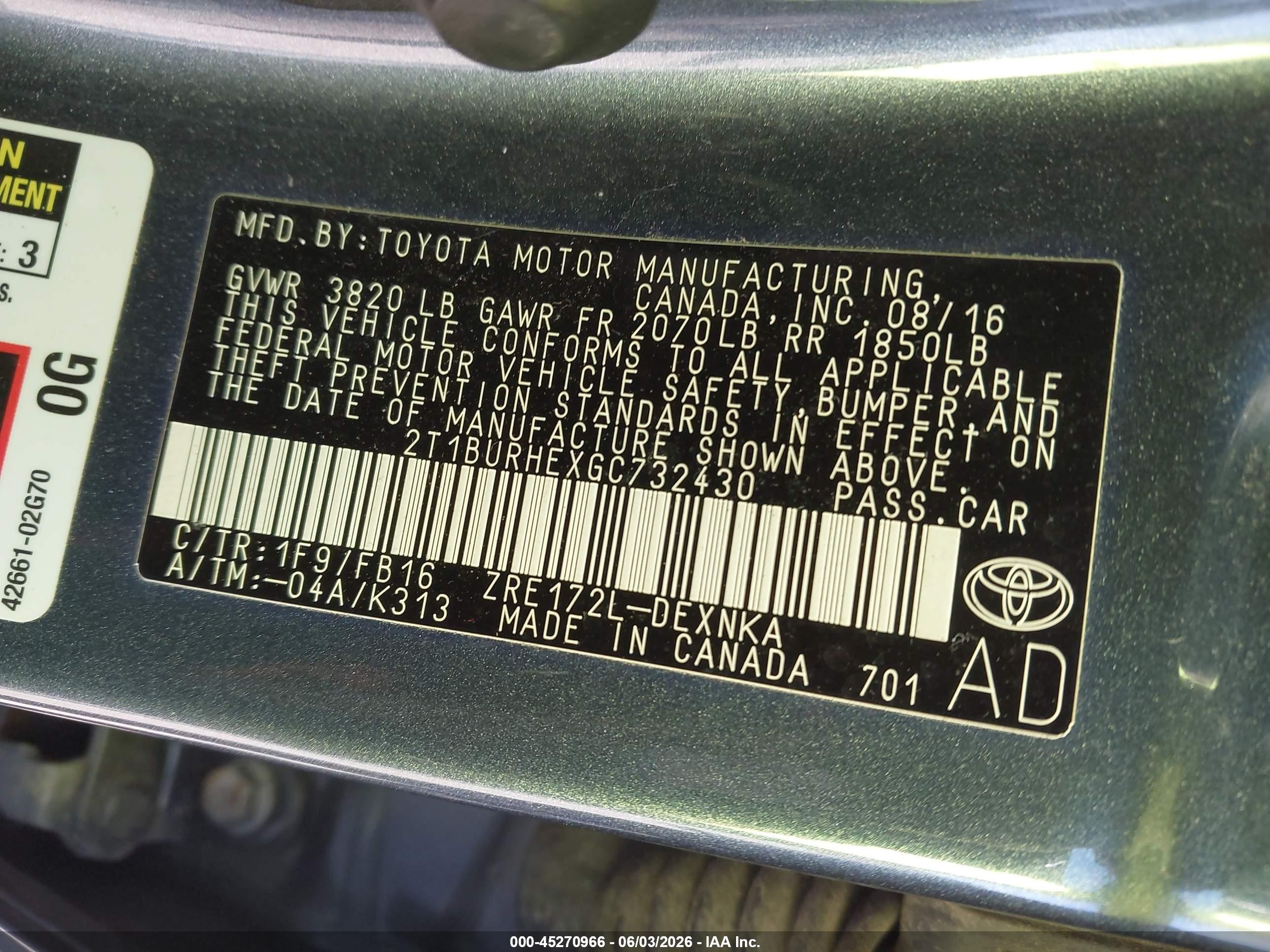 2016 Toyota Corolla Le Gray vin: 2T1BURHEXGC732430