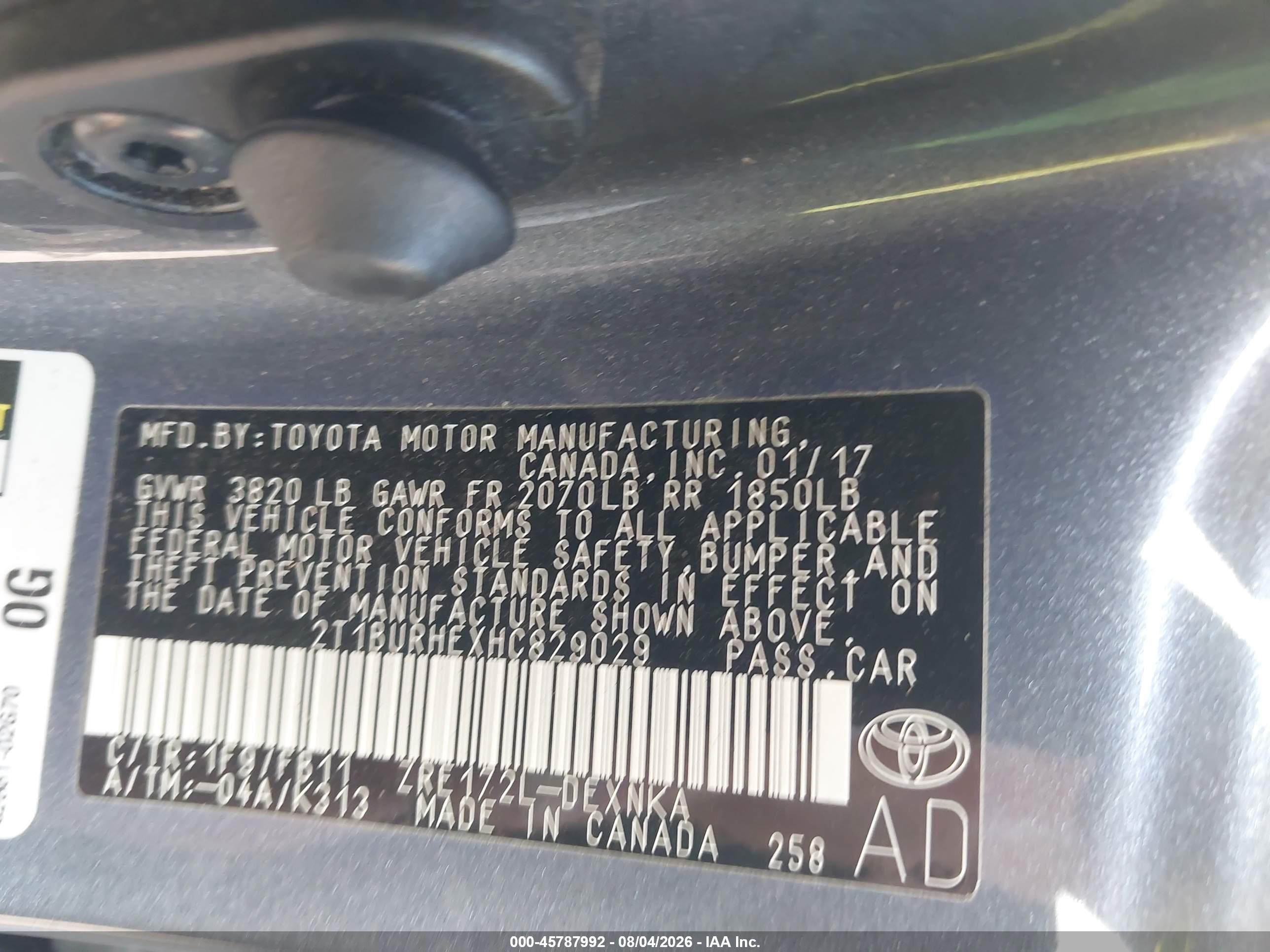 2017 Toyota Corolla Le Gray vin: 2T1BURHEXHC829029
