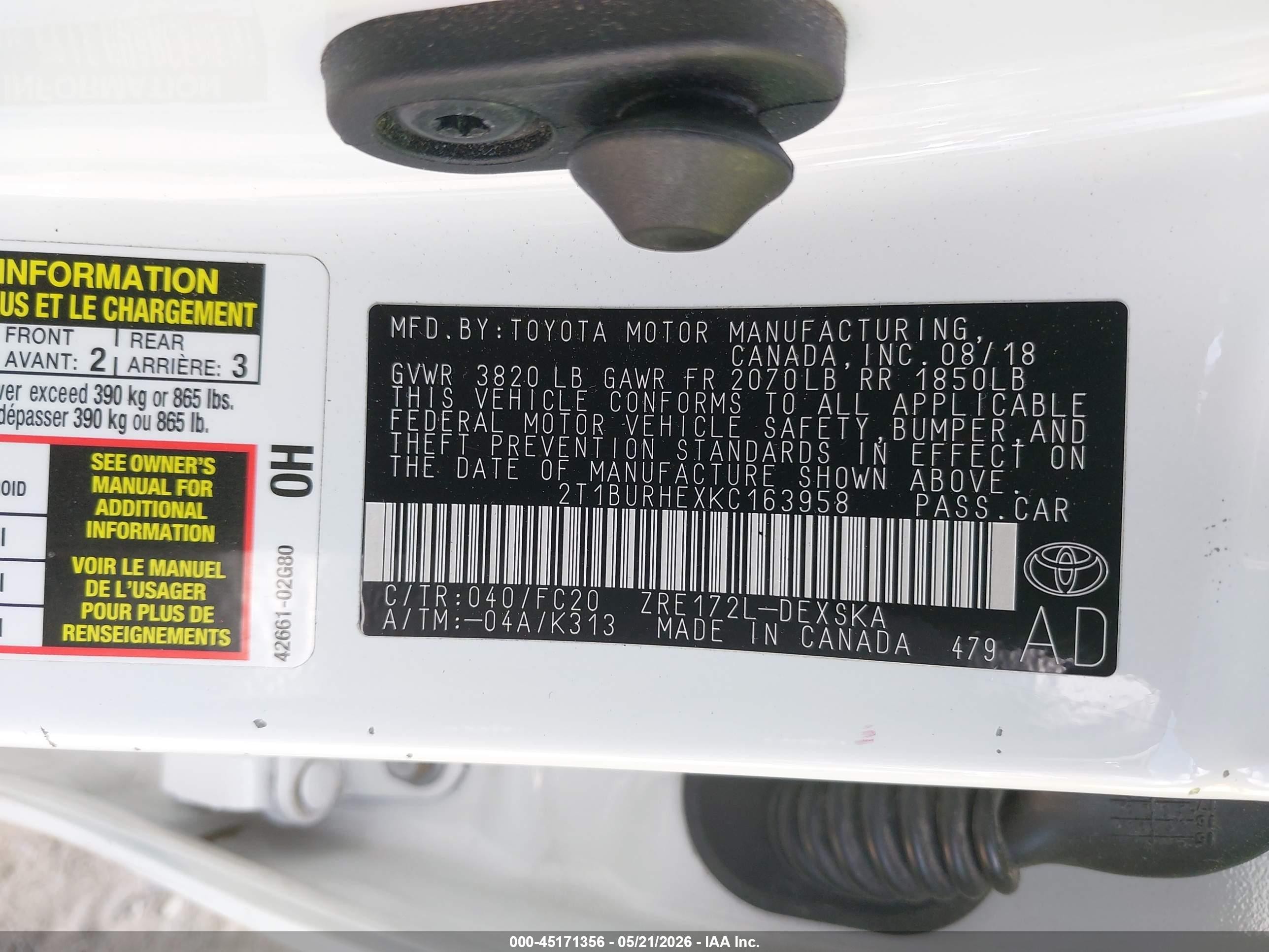 2019 Toyota Corolla Se White vin: 2T1BURHEXKC163958
