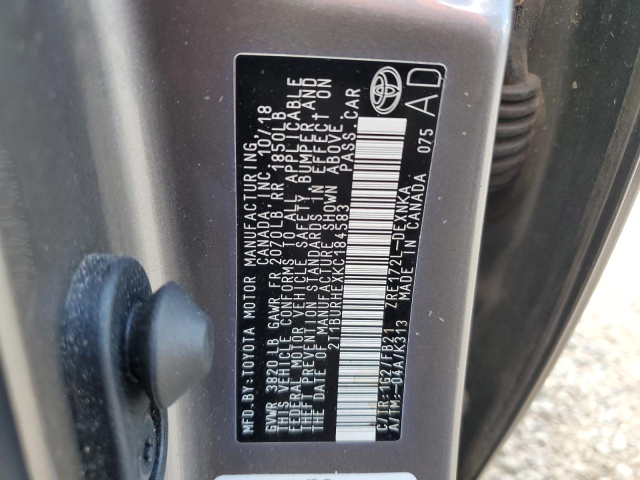 2019 Toyota Corolla L   Gray vin: 2T1BURHEXKC184583