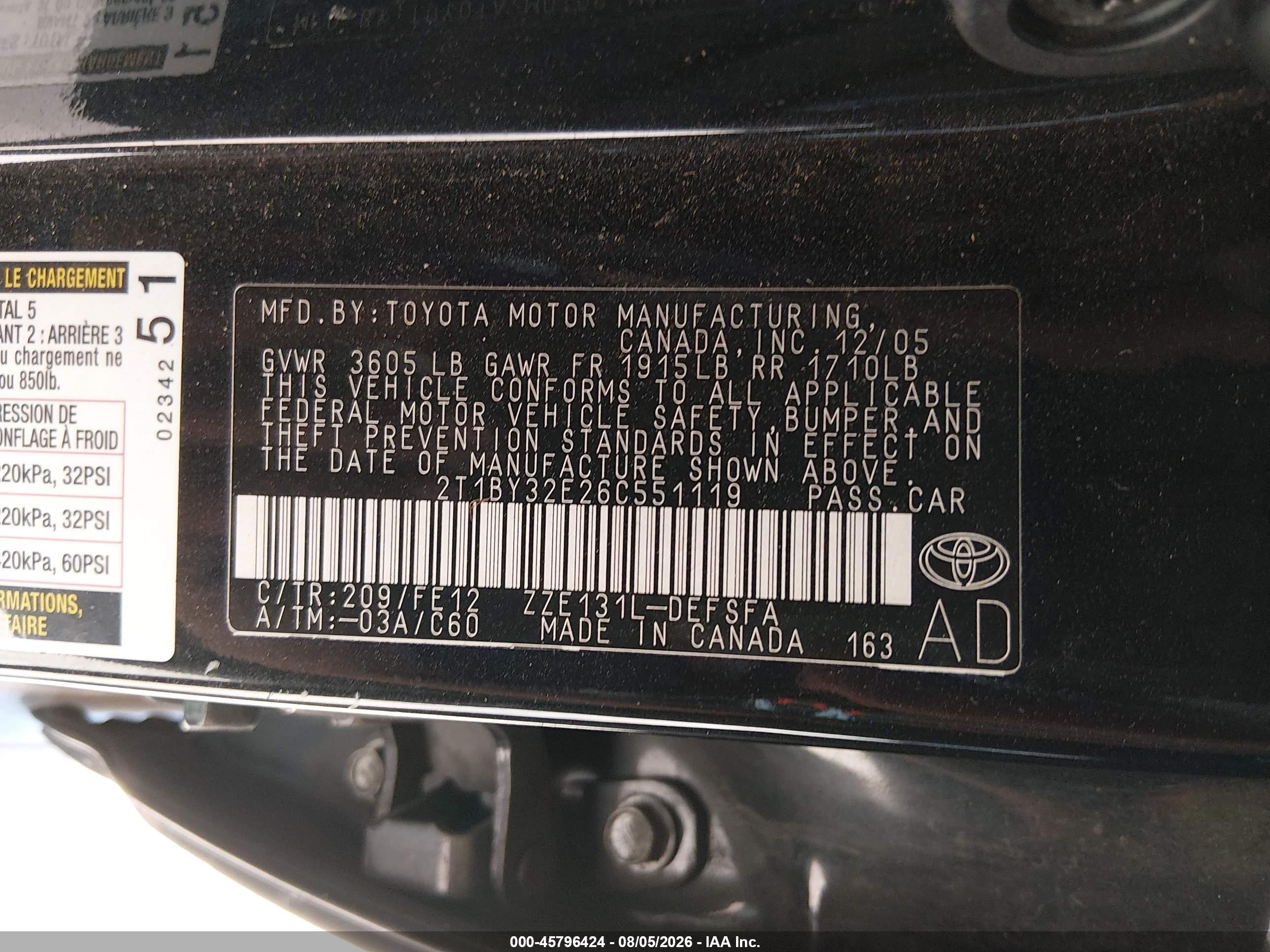2006 Toyota Corolla Xrs Black vin: 2T1BY32E26C551119