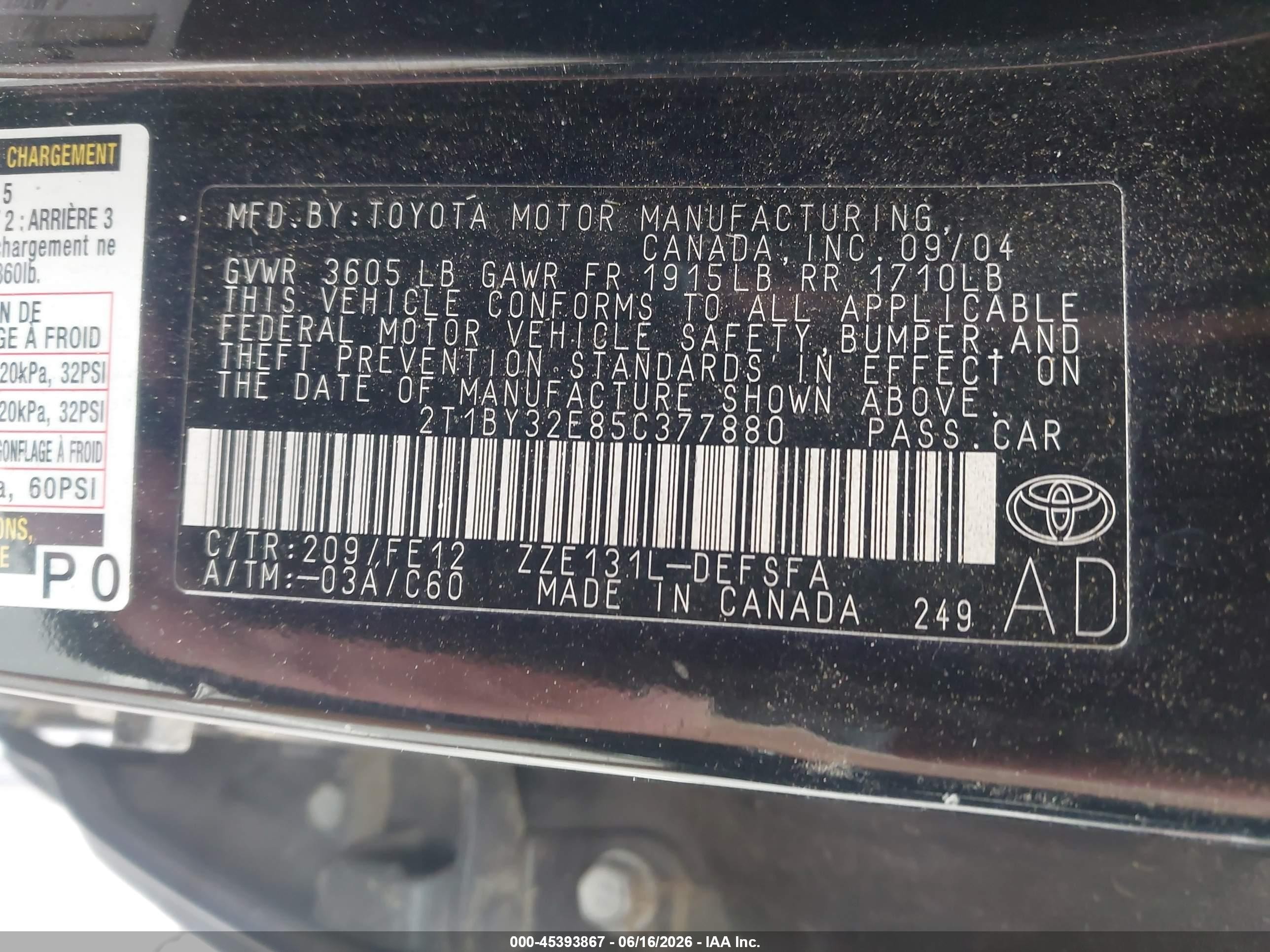 2005 Toyota Corolla Xrs Black vin: 2T1BY32E85C377880