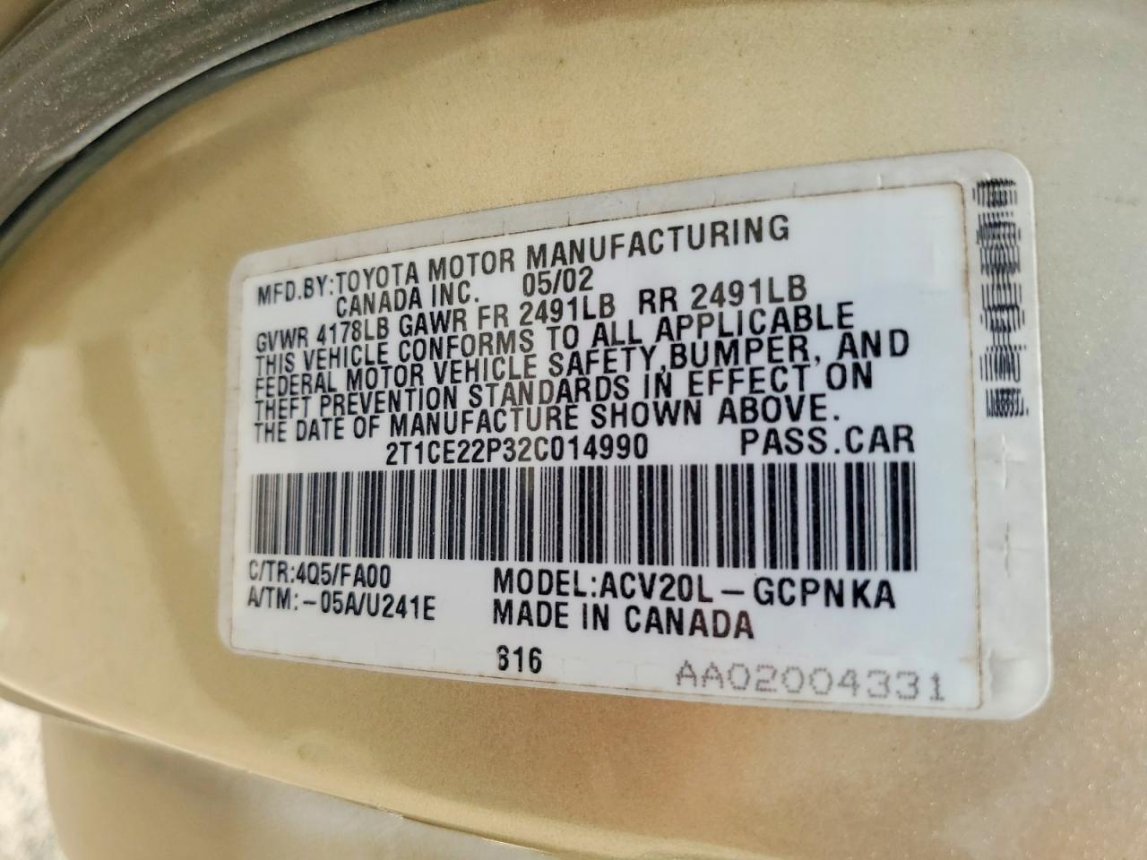 2002 Toyota Camry Solara Se Gold vin: 2T1CE22P32C014990