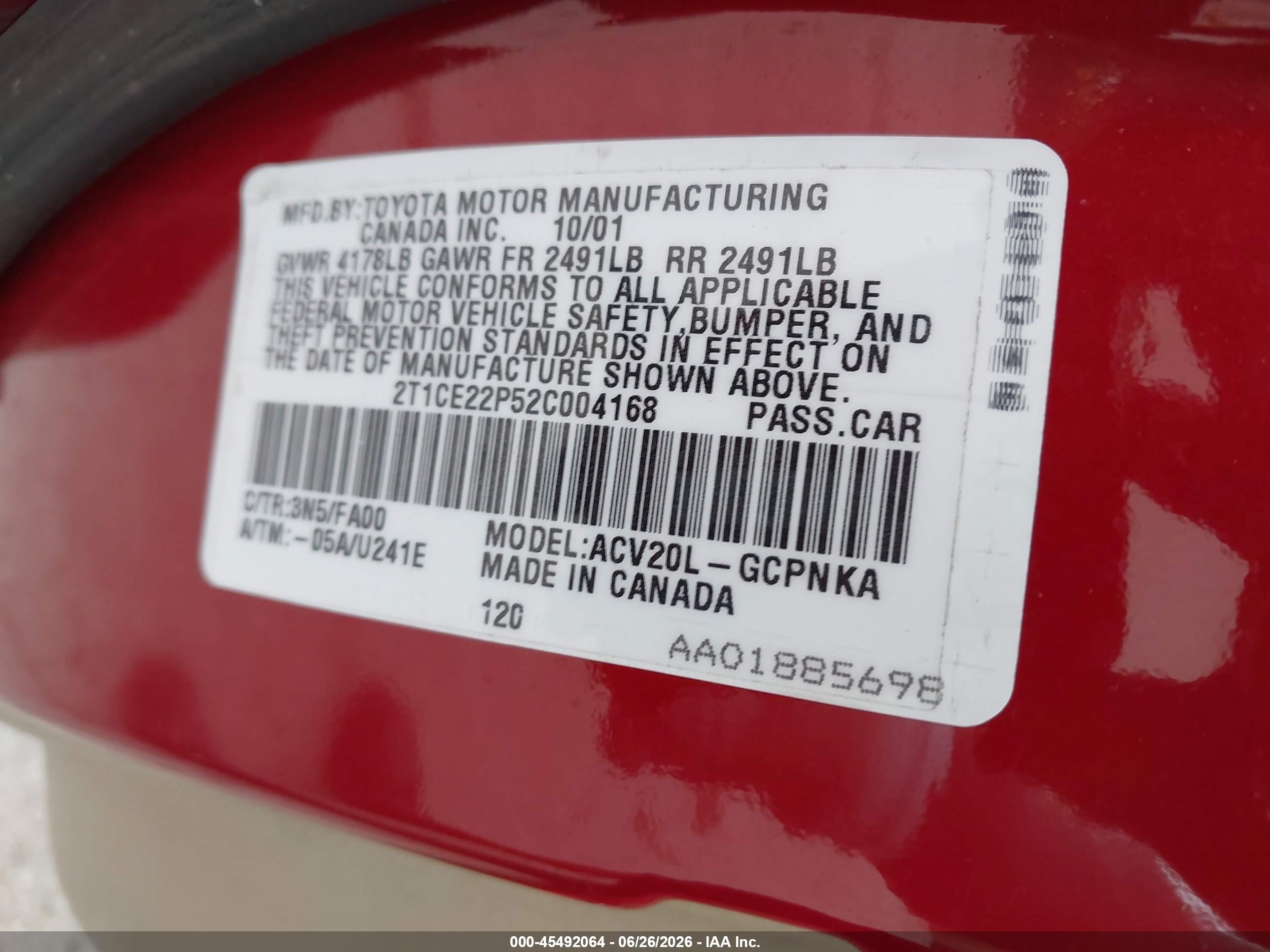 2002 Toyota Camry Solara Se Red vin: 2T1CE22P52C004168