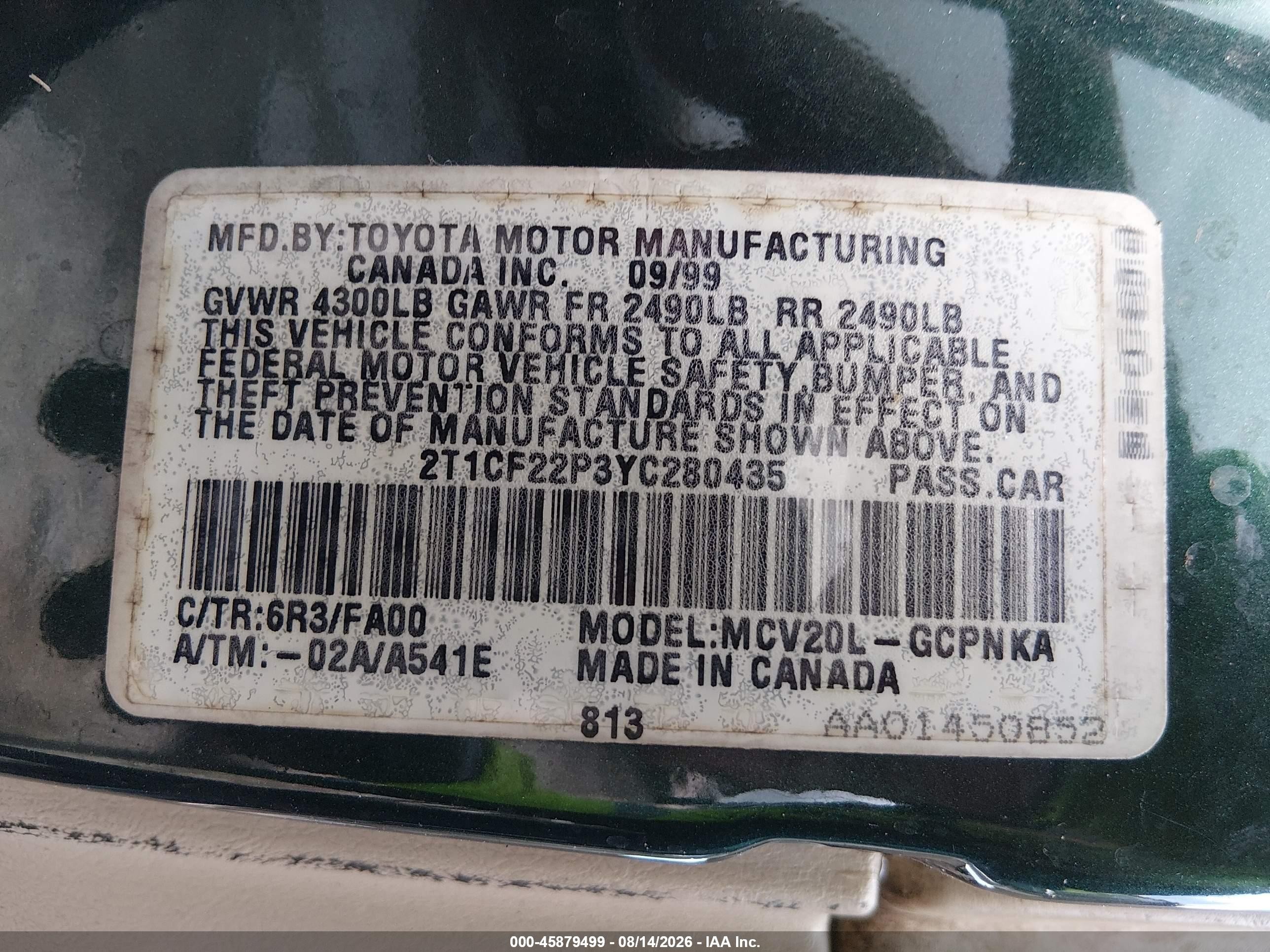 2000 Toyota Camry Solara Se V6 Green vin: 2T1CF22P3YC280435
