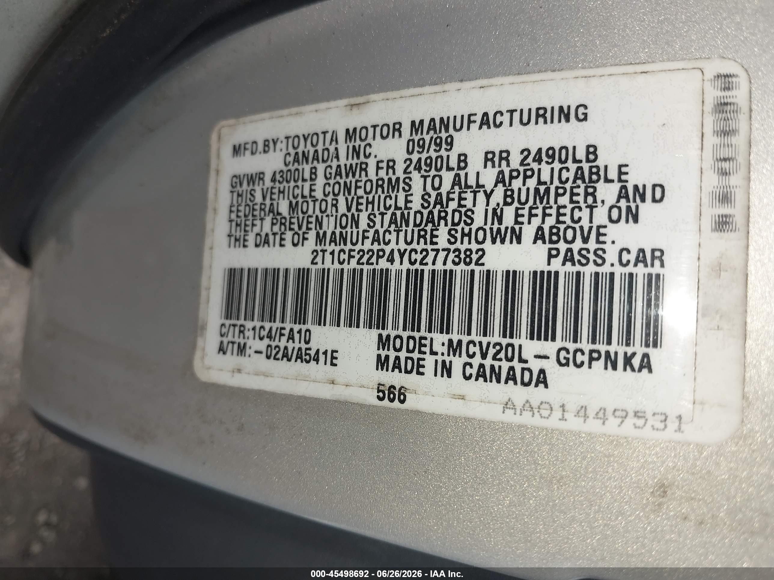 2000 Toyota Camry Solara Se V6 Tan vin: 2T1CF22P4YC277382
