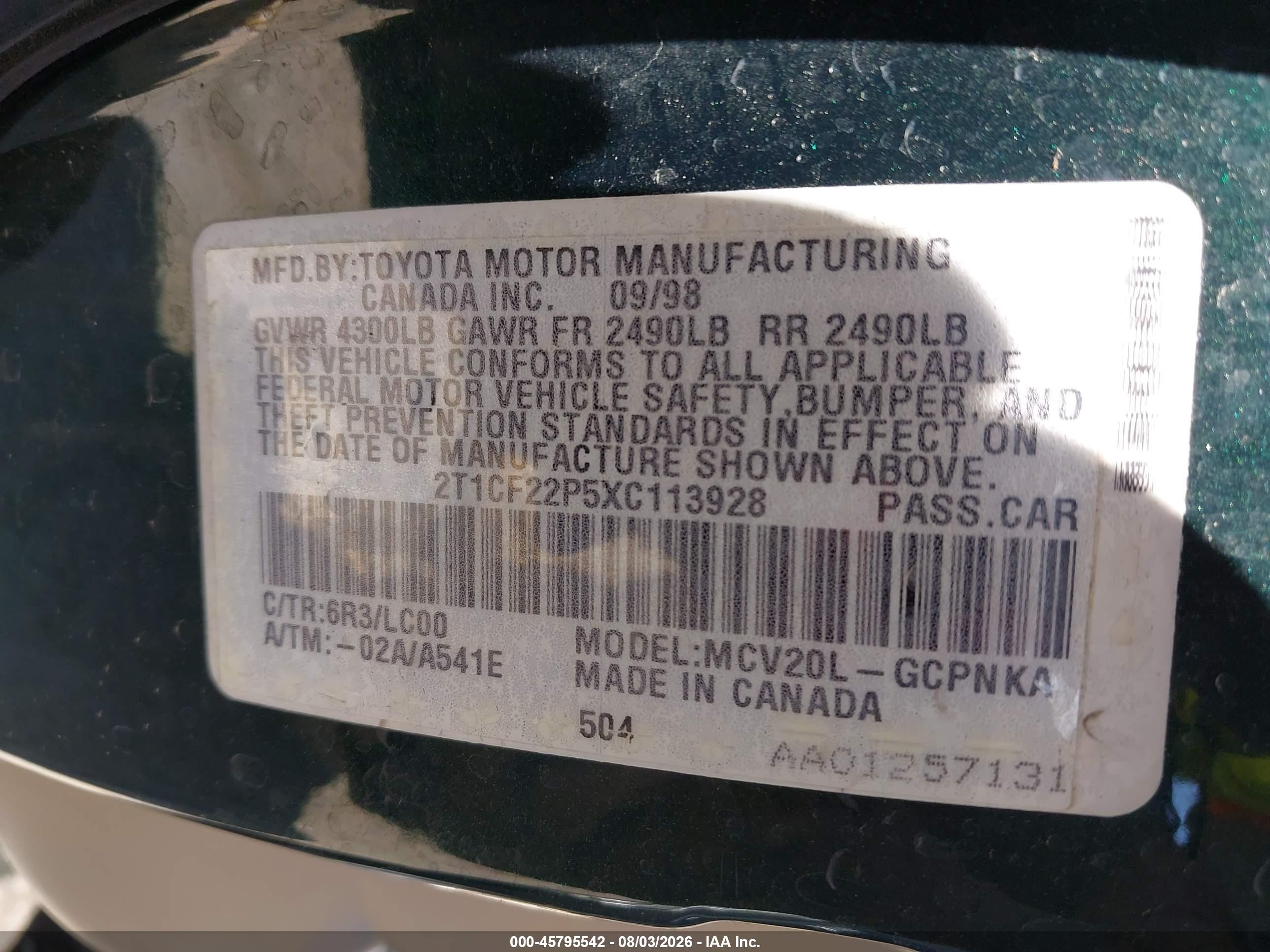 1999 Toyota Camry Solara Sle Green vin: 2T1CF22P5XC113928