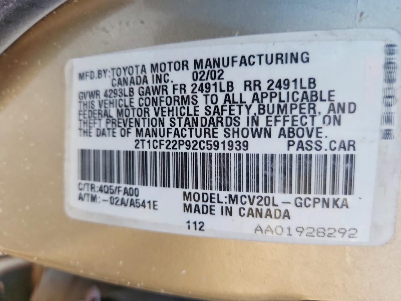 2002 Toyota Camry Solara Se Tan vin: 2T1CF22P92C591939