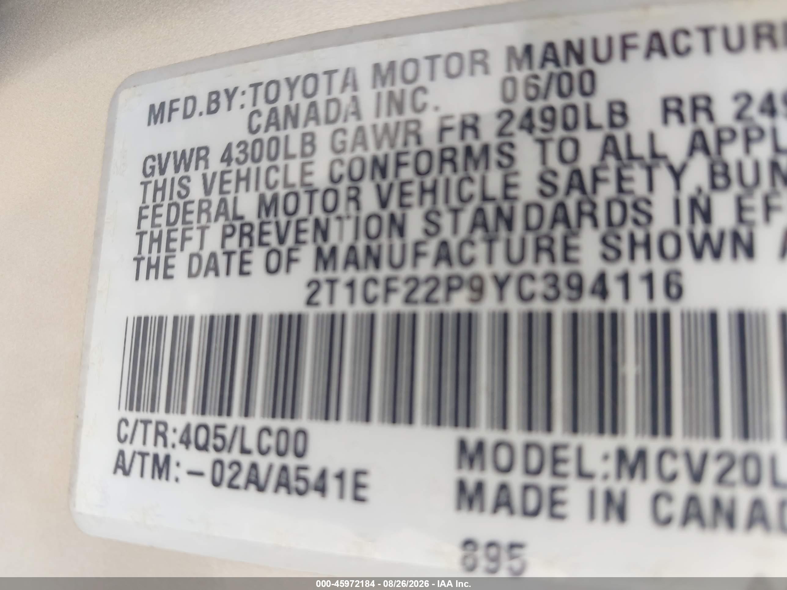 2000 Toyota Camry Solara Sle V6 Gold vin: 2T1CF22P9YC394116