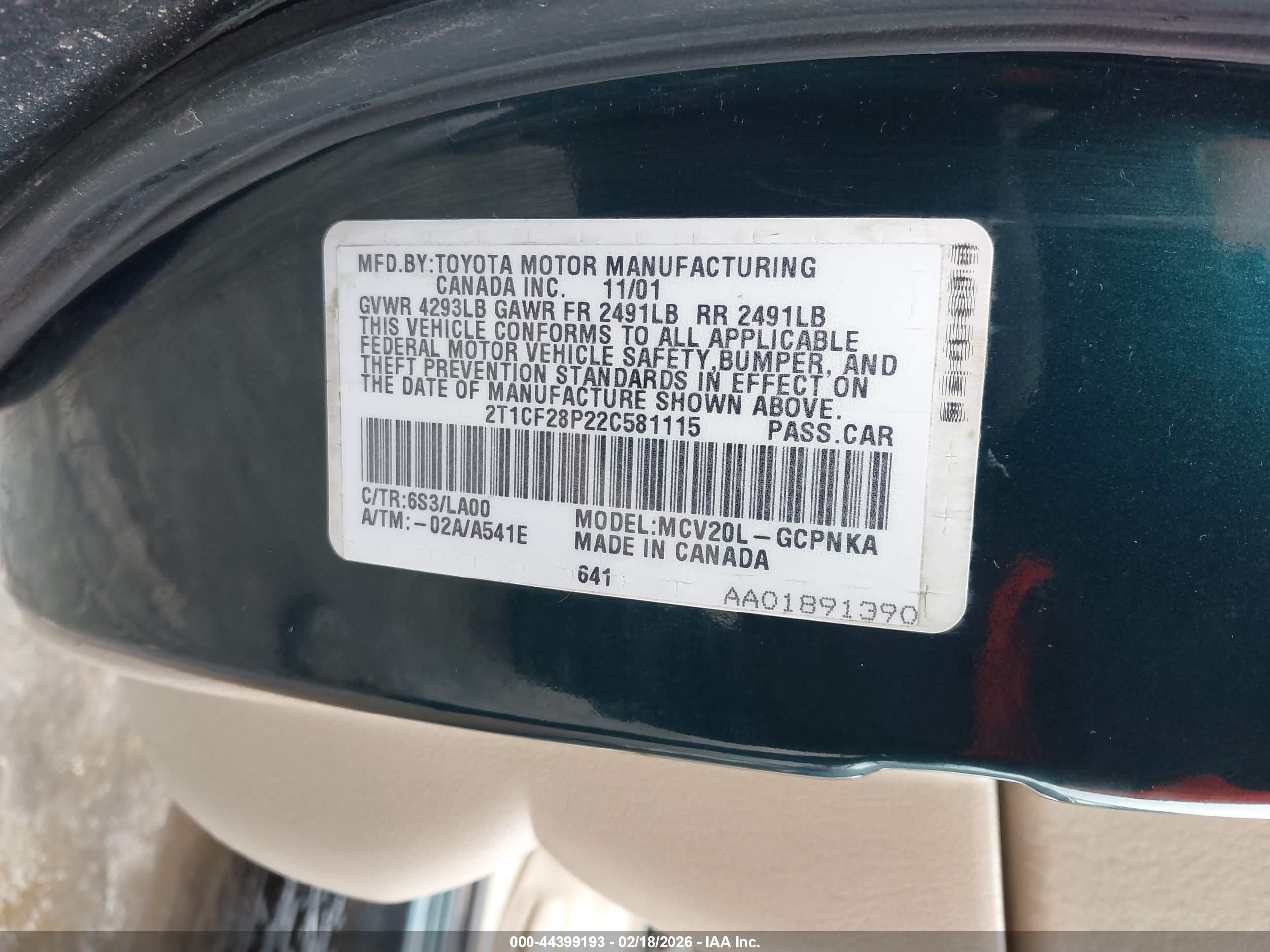 2002 Toyota Camry Solara Sle V6 Green vin: 2T1CF28P22C581115