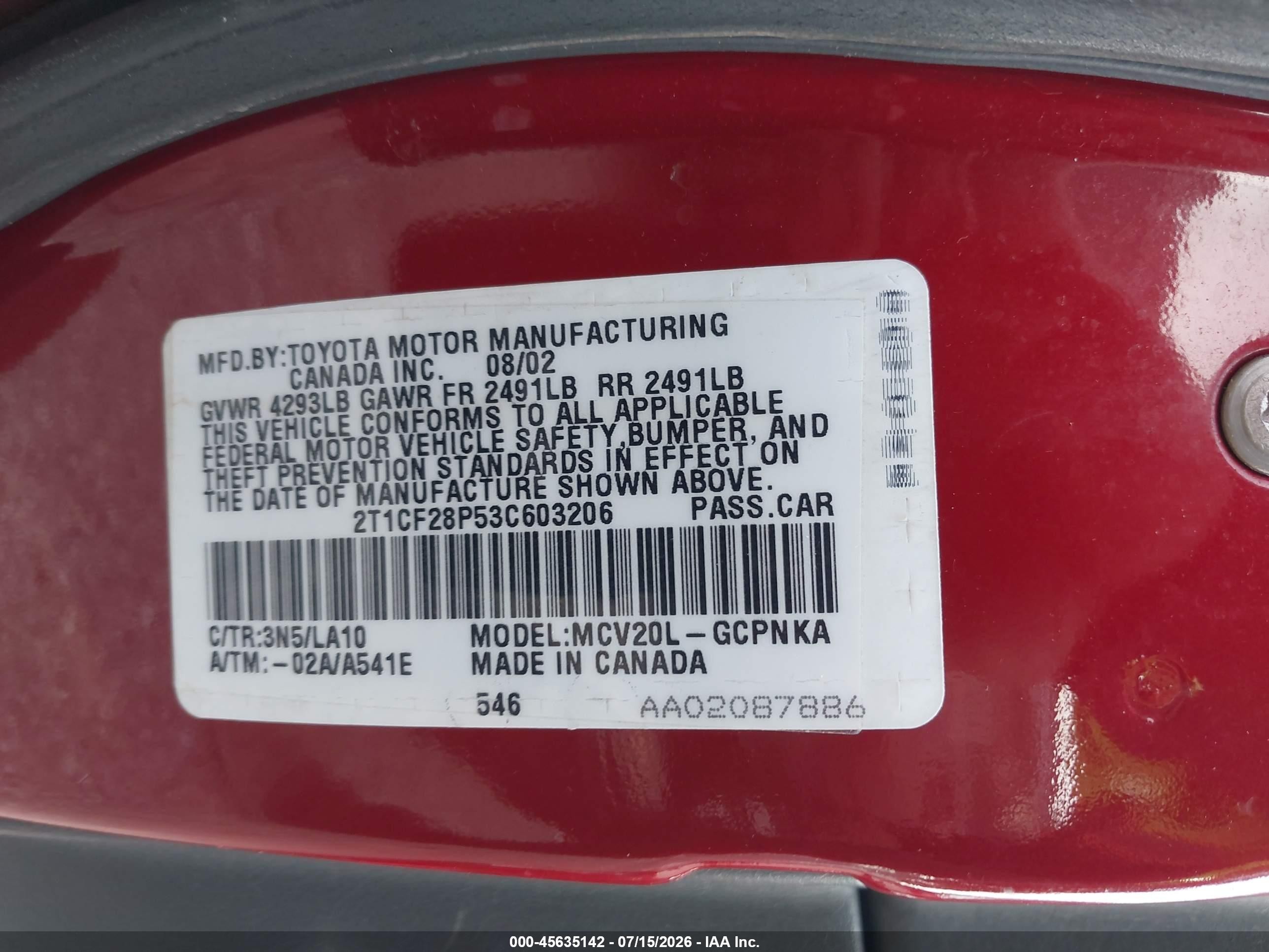2003 Toyota Camry Solara Sle V6 Red vin: 2T1CF28P53C603206