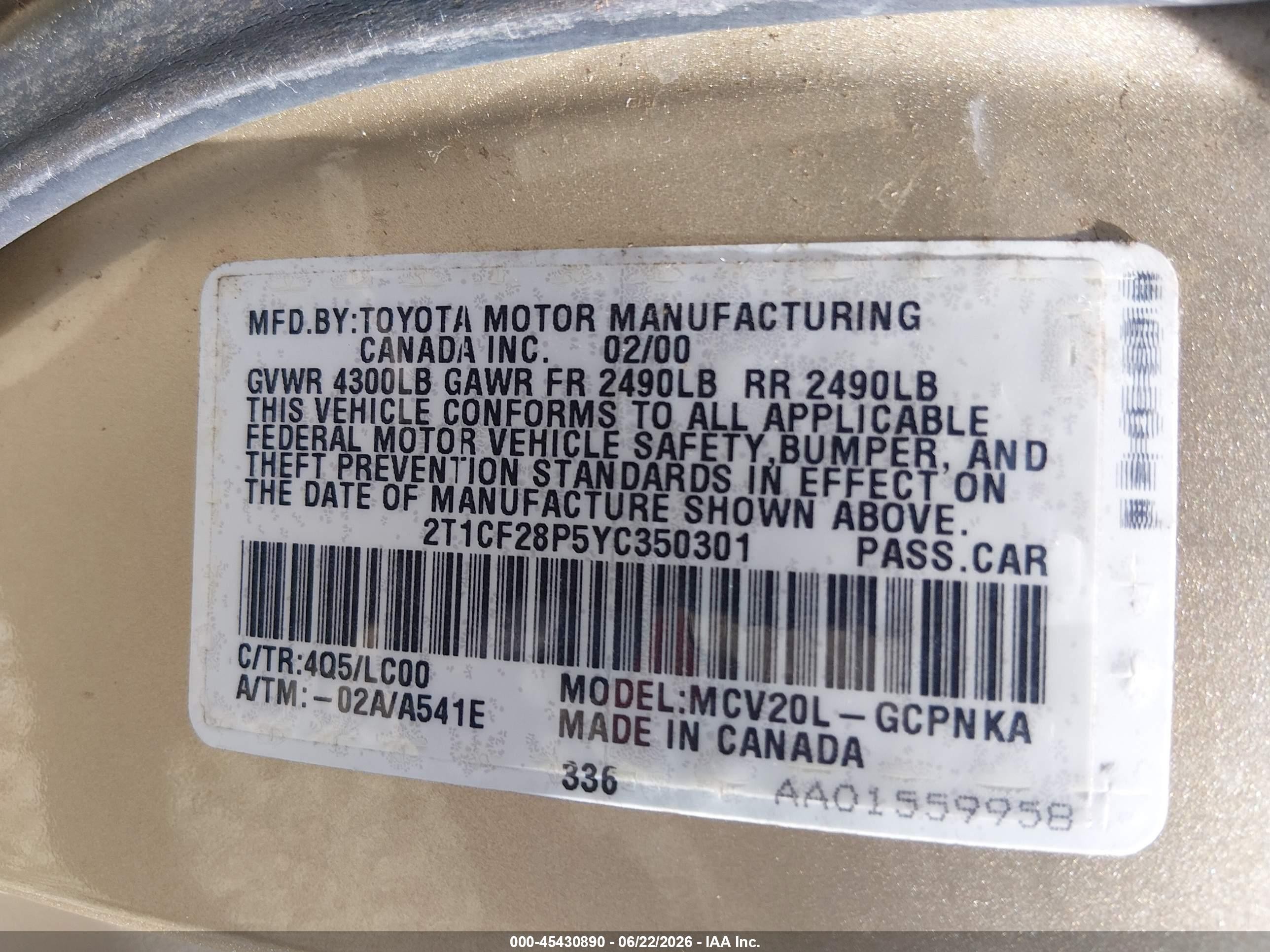 2000 Toyota Camry Solara Sle V6 Tan vin: 2T1CF28P5YC350301