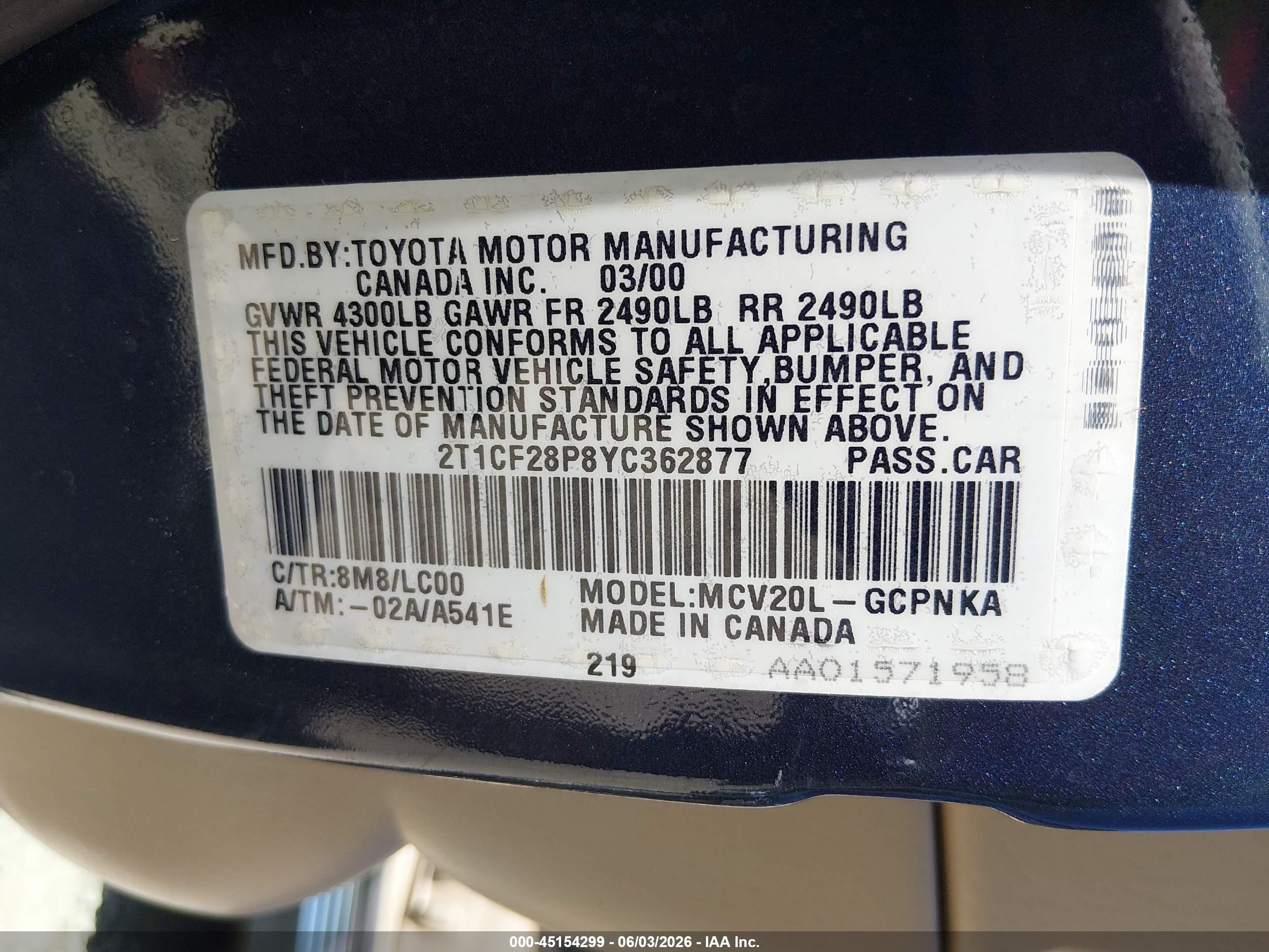 2000 Toyota Camry Solara Sle V6 Blue vin: 2T1CF28P8YC362877