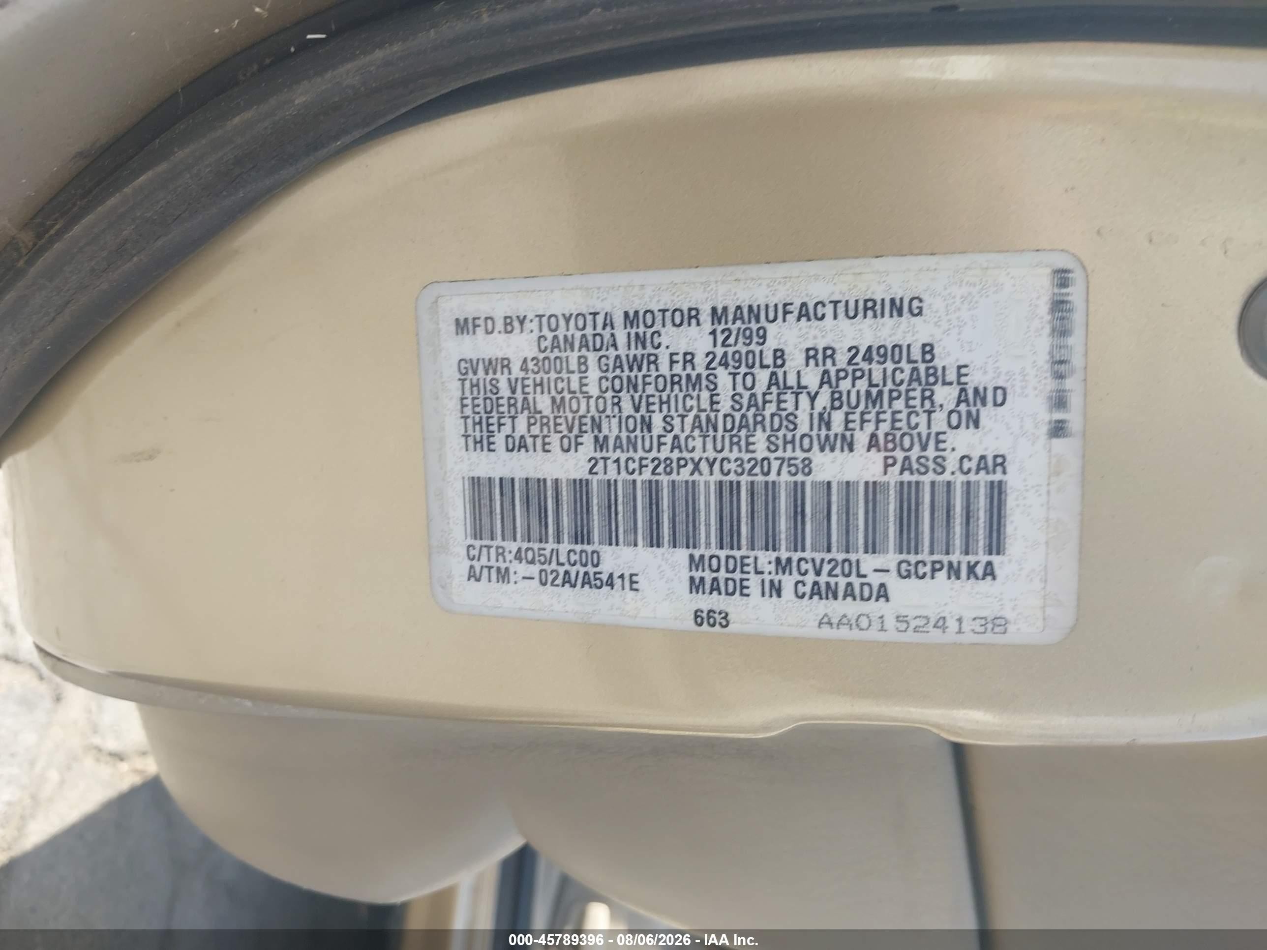 2000 Toyota Camry Solara Sle V6 Золотой vin: 2T1CF28PXYC320758