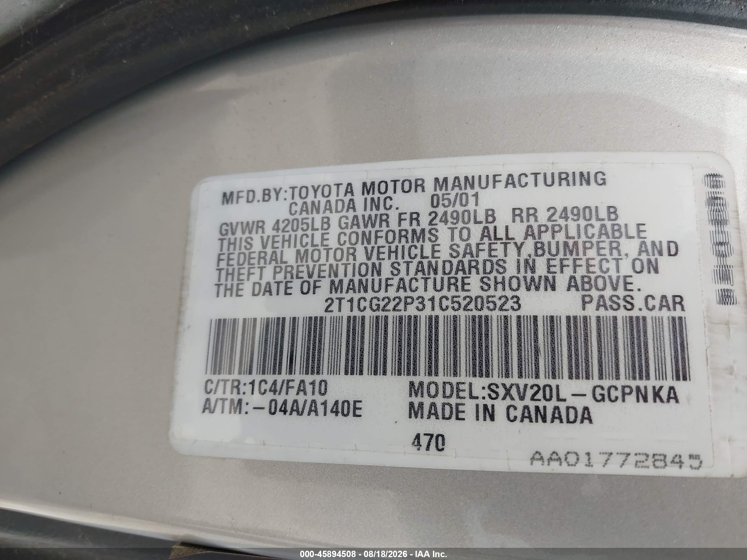 2001 Toyota Camry Solara Se Серебряный vin: 2T1CG22P31C520523