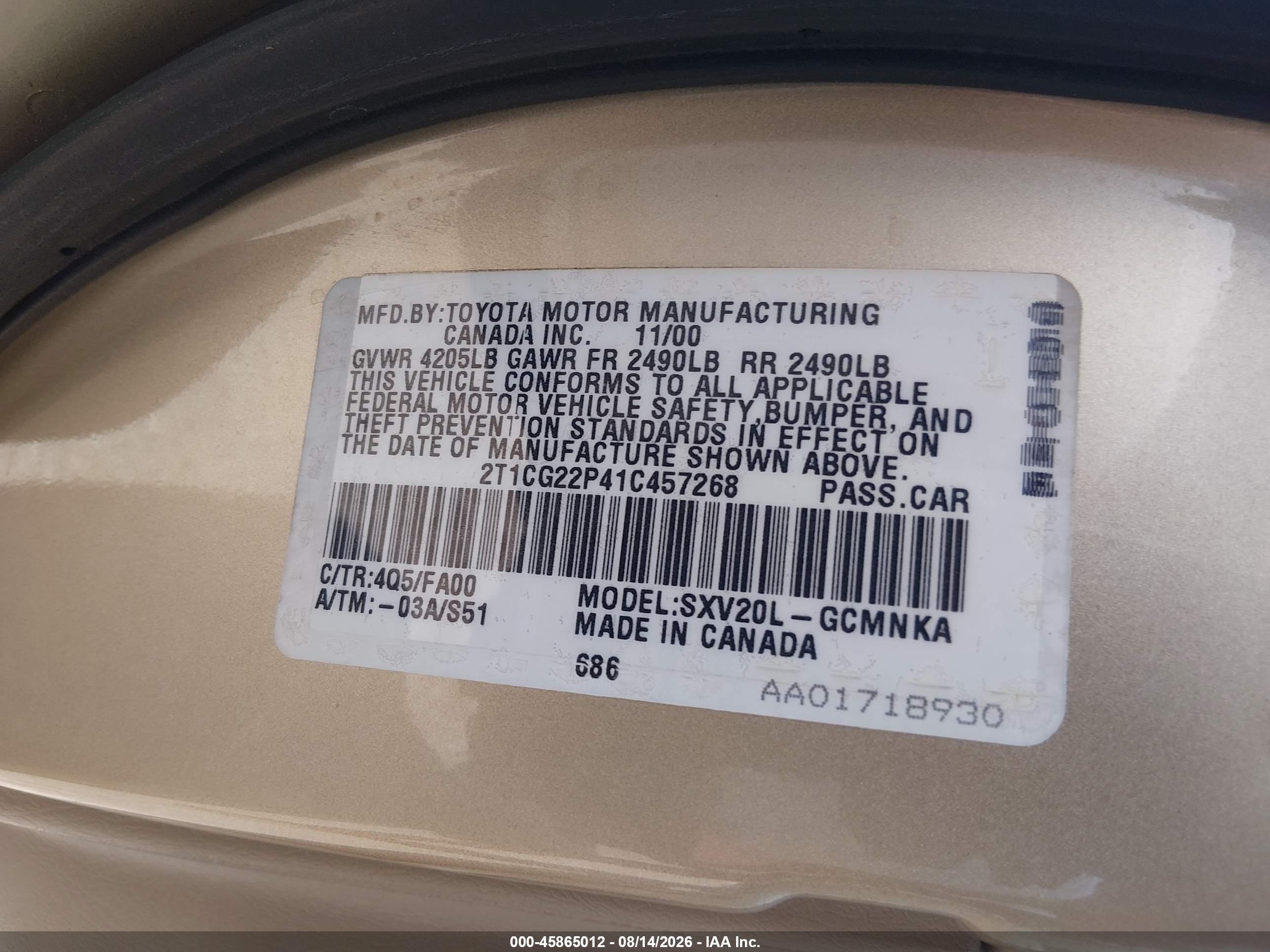2001 Toyota Camry Solara Se Золотой vin: 2T1CG22P41C457268
