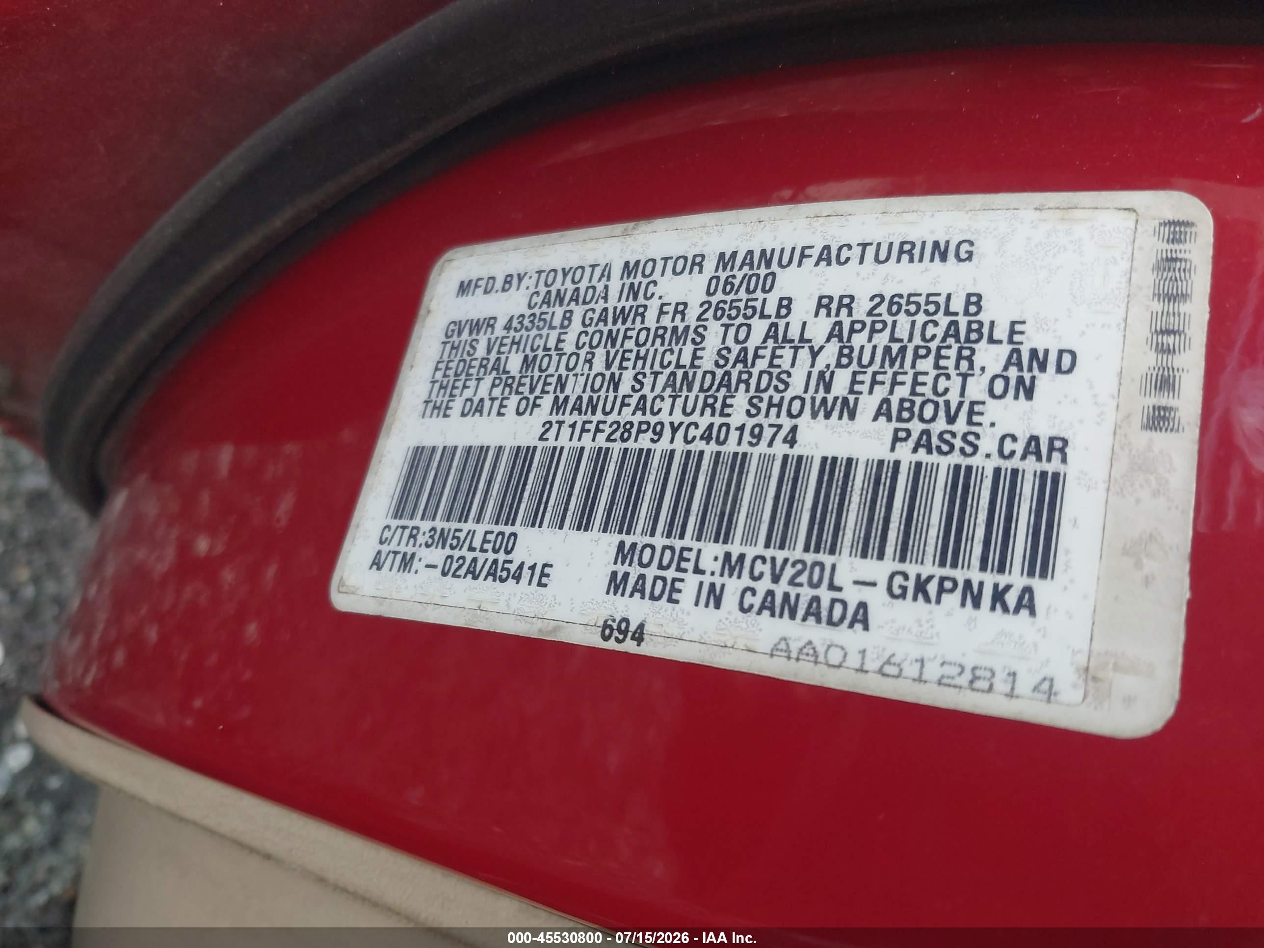 2000 Toyota Camry Solara Sle V6 Red vin: 2T1FF28P9YC401974