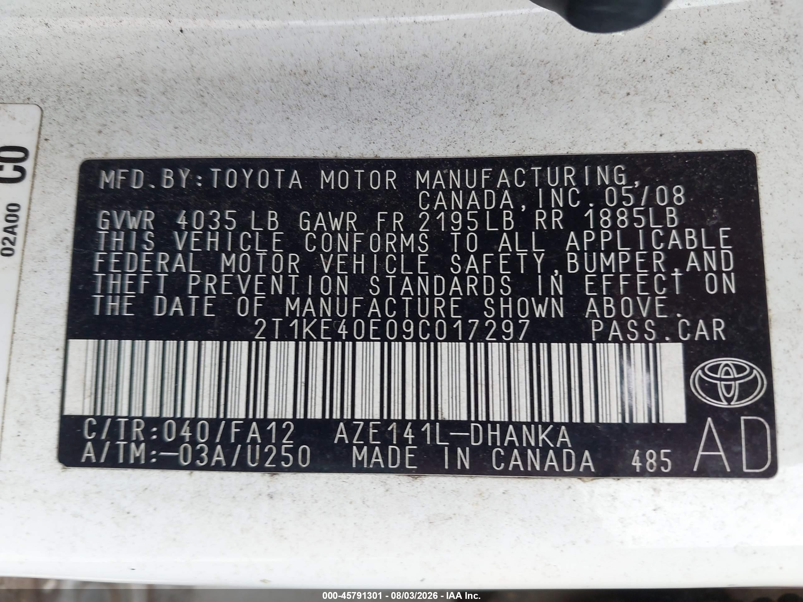 2009 Toyota Matrix S White vin: 2T1KE40E09C017297