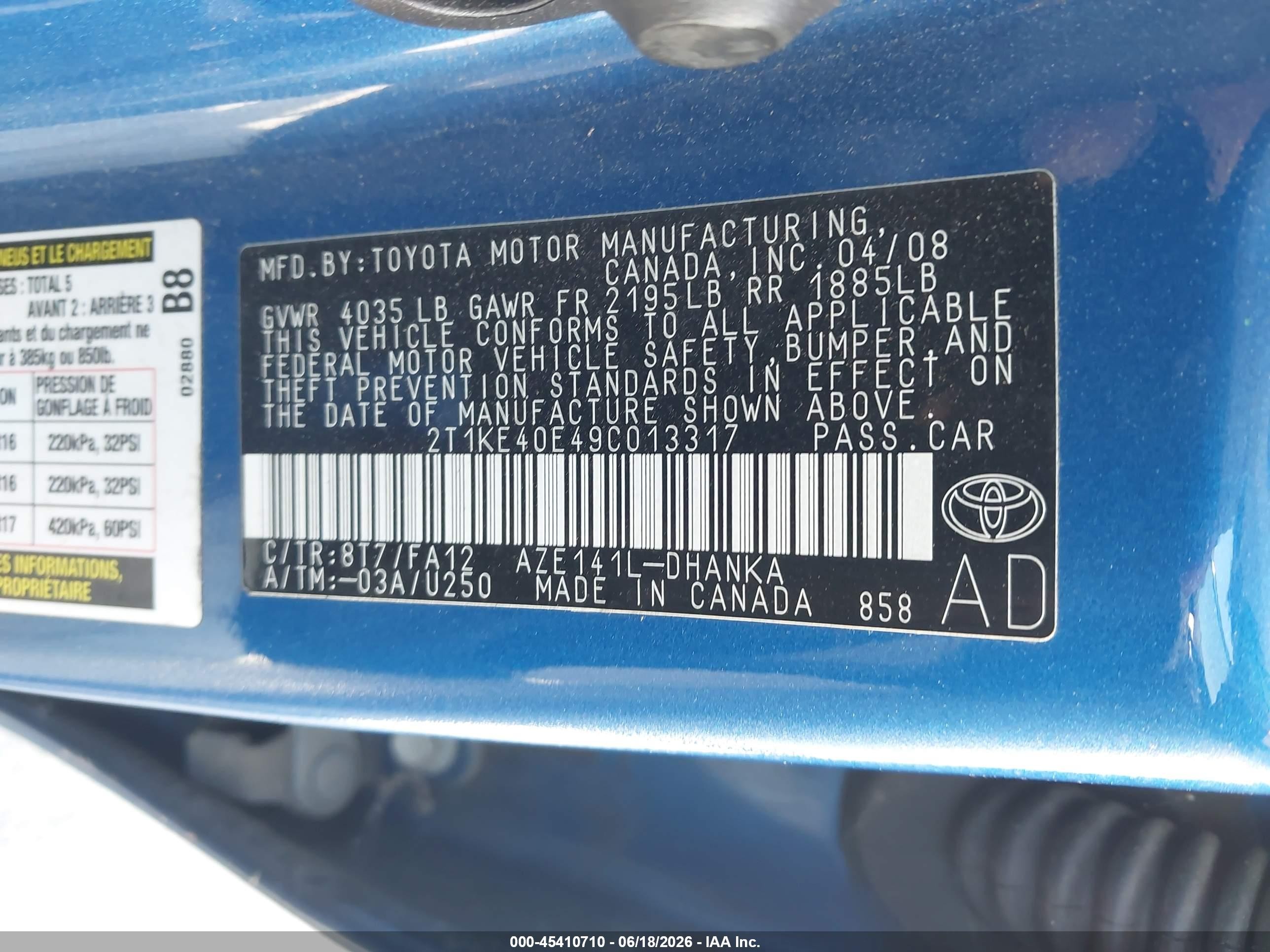 2009 Toyota Matrix S Blue vin: 2T1KE40E49C013317