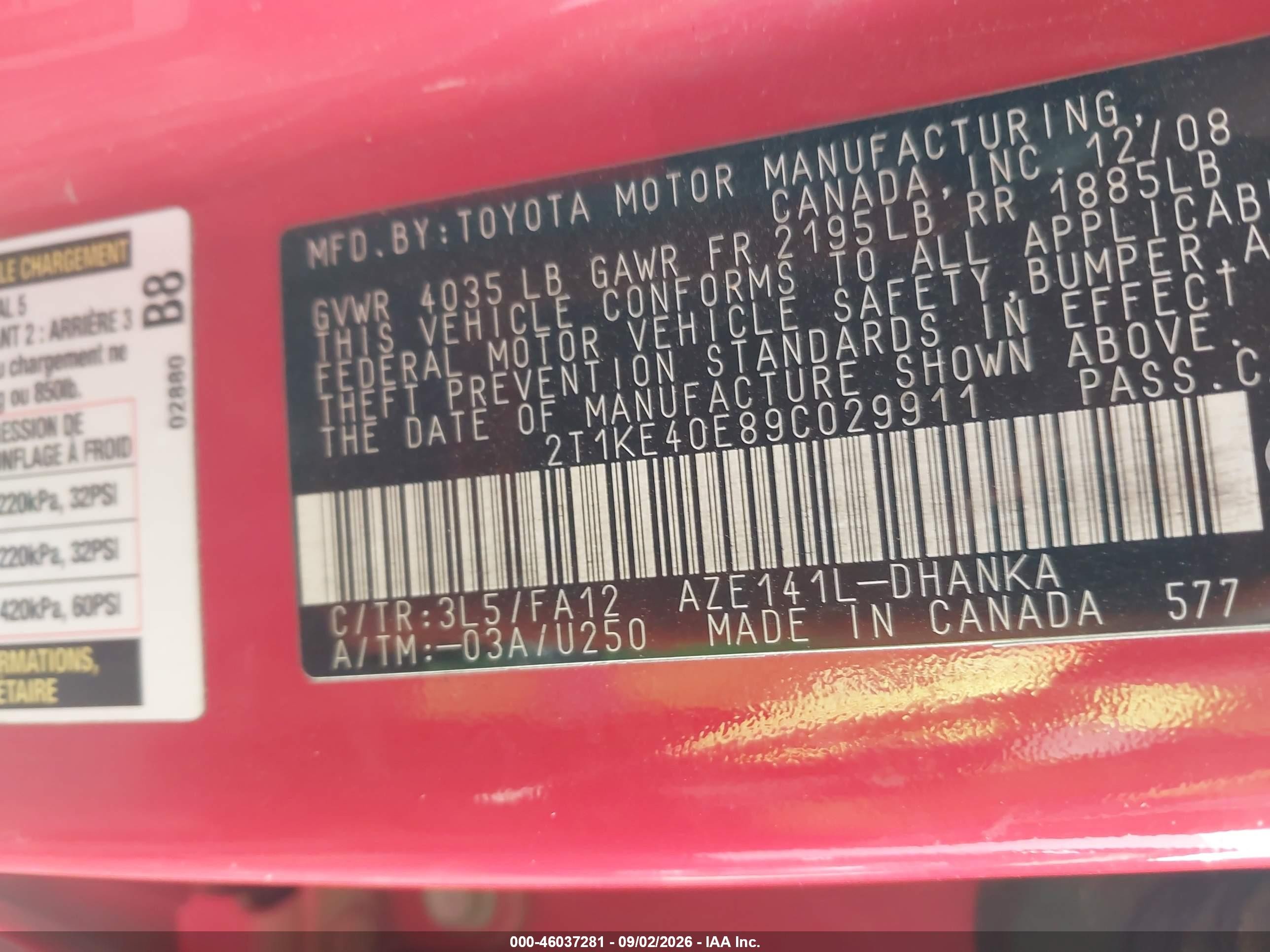 2009 Toyota Matrix S Red vin: 2T1KE40E89C029911