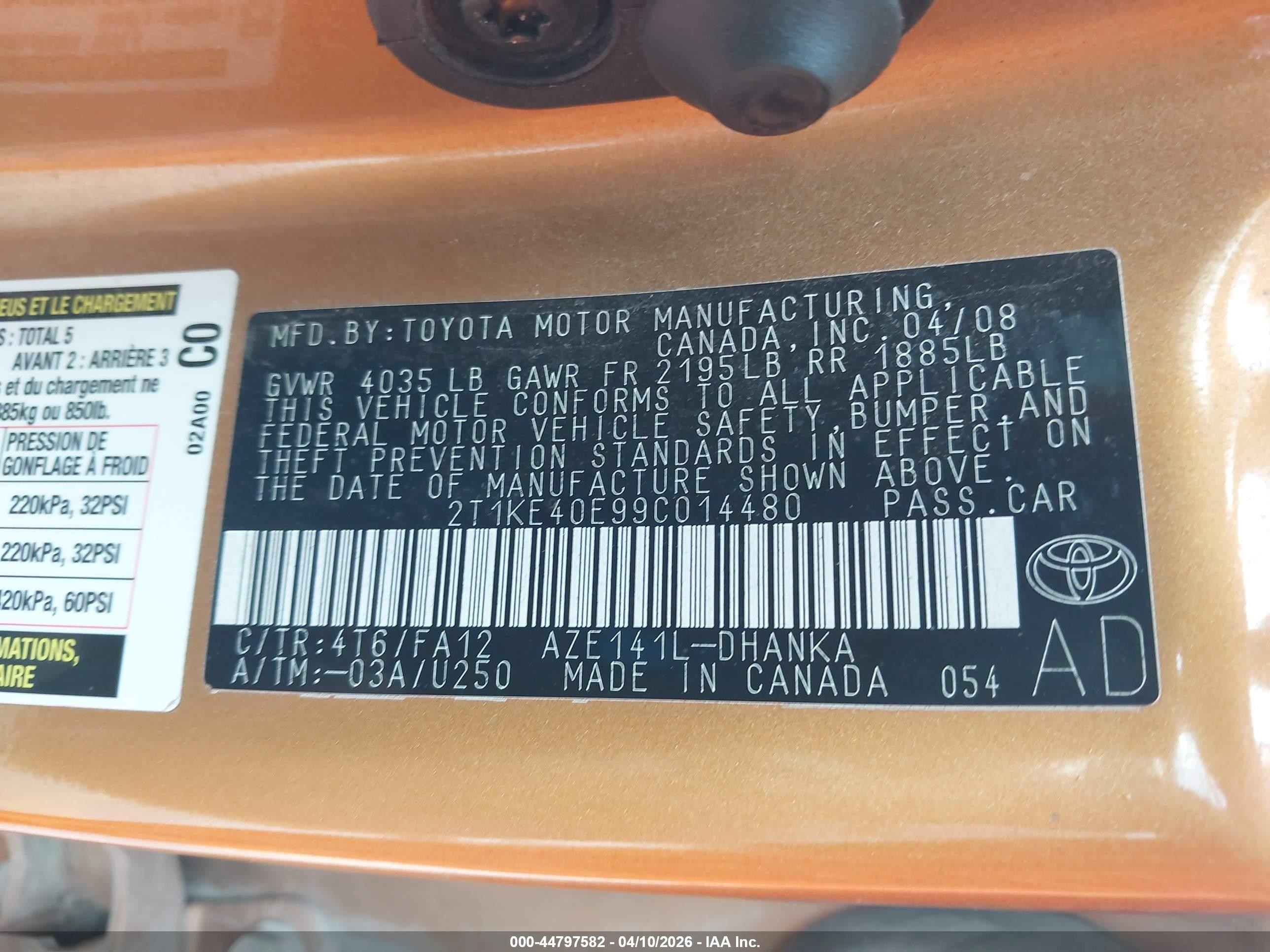 2009 Toyota Matrix S Orange vin: 2T1KE40E99C014480