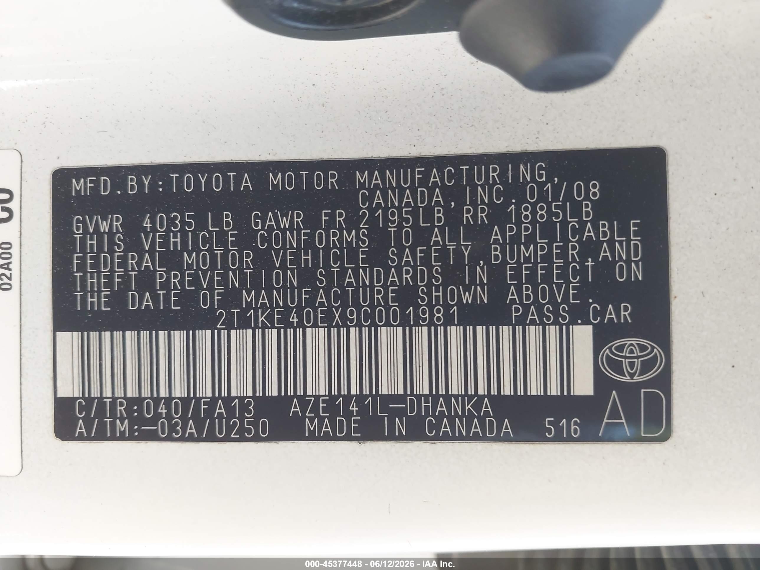 2009 Toyota Matrix S White vin: 2T1KE40EX9C001981