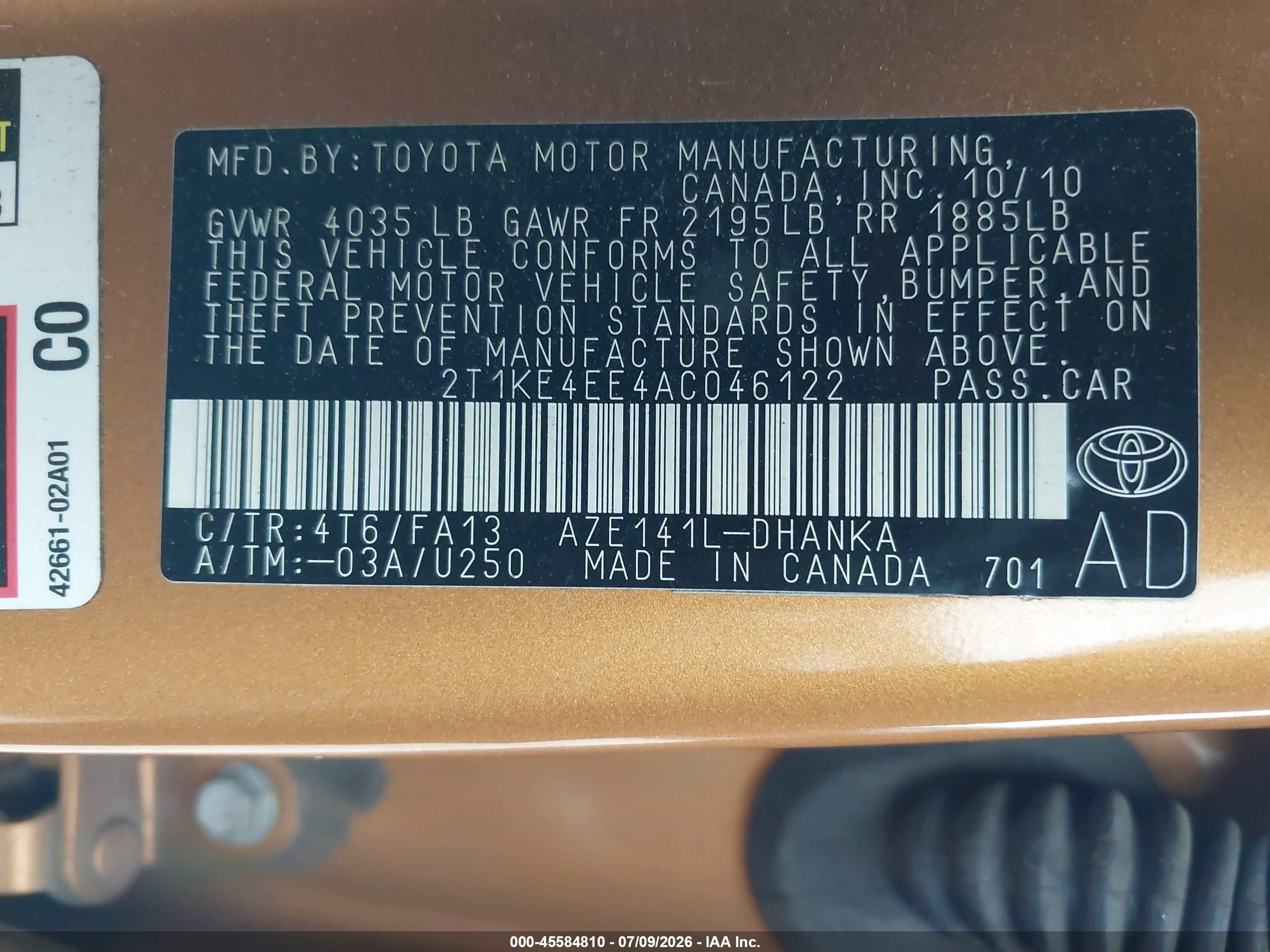 2010 Toyota Matrix S Gold vin: 2T1KE4EE4AC046122