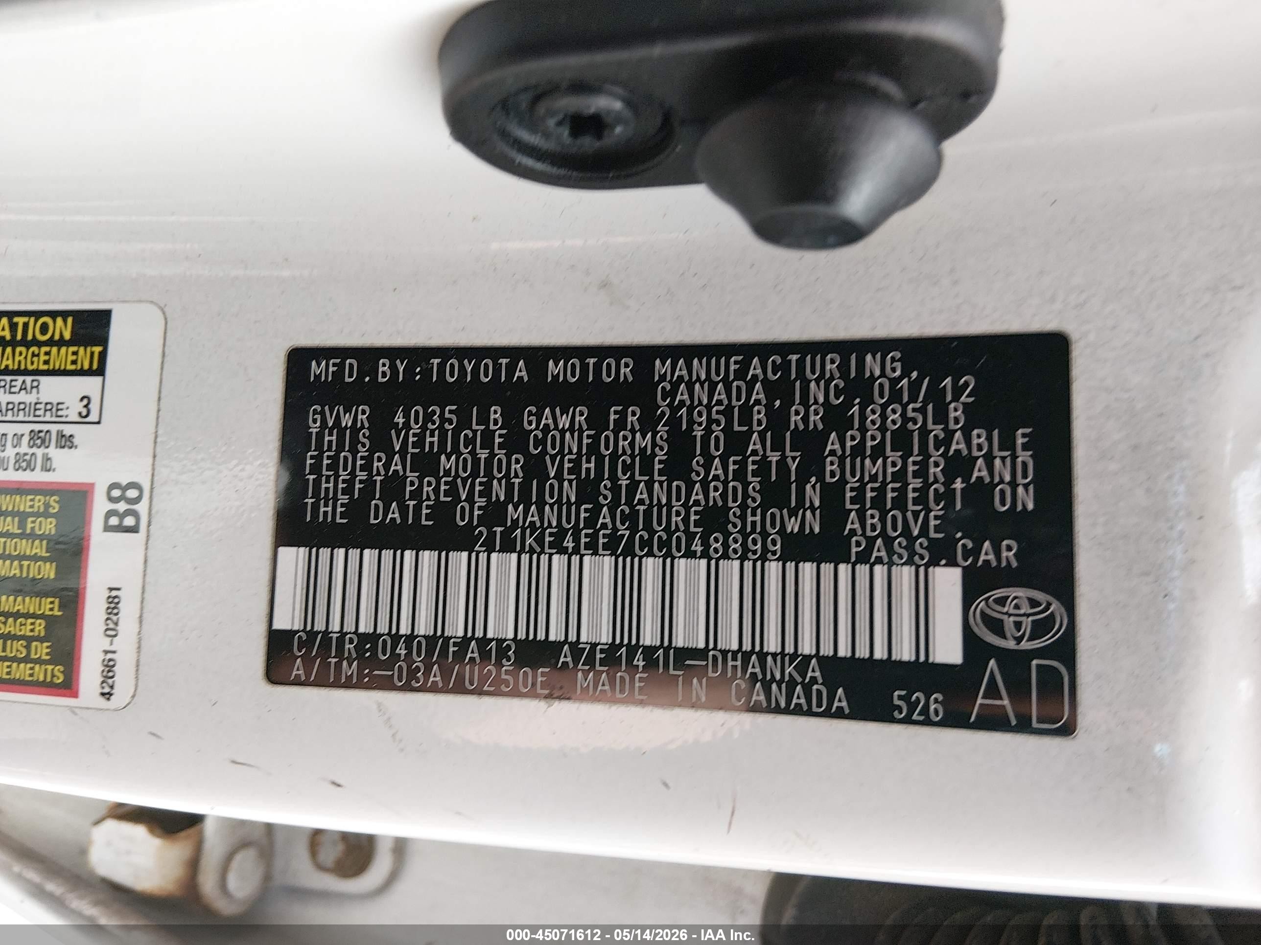 2012 Toyota Matrix S White vin: 2T1KE4EE7CC048899