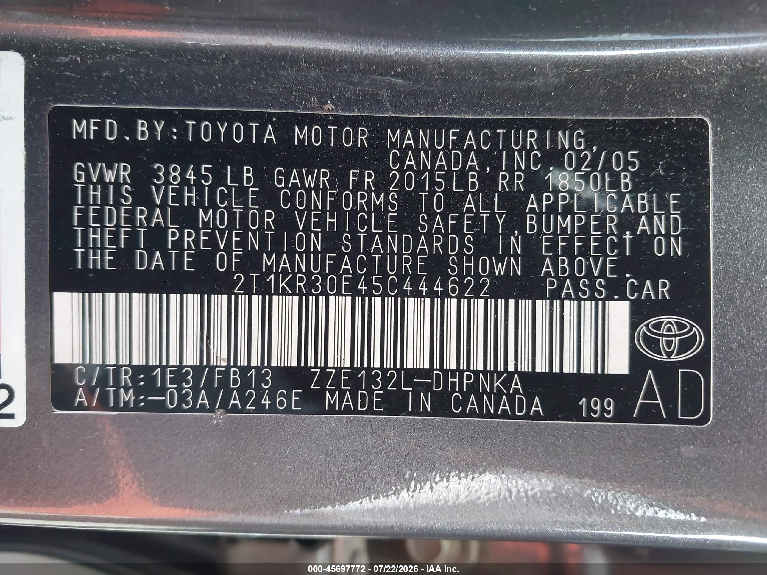 2005 Toyota Matrix Xr Серый vin: 2T1KR30E45C444622