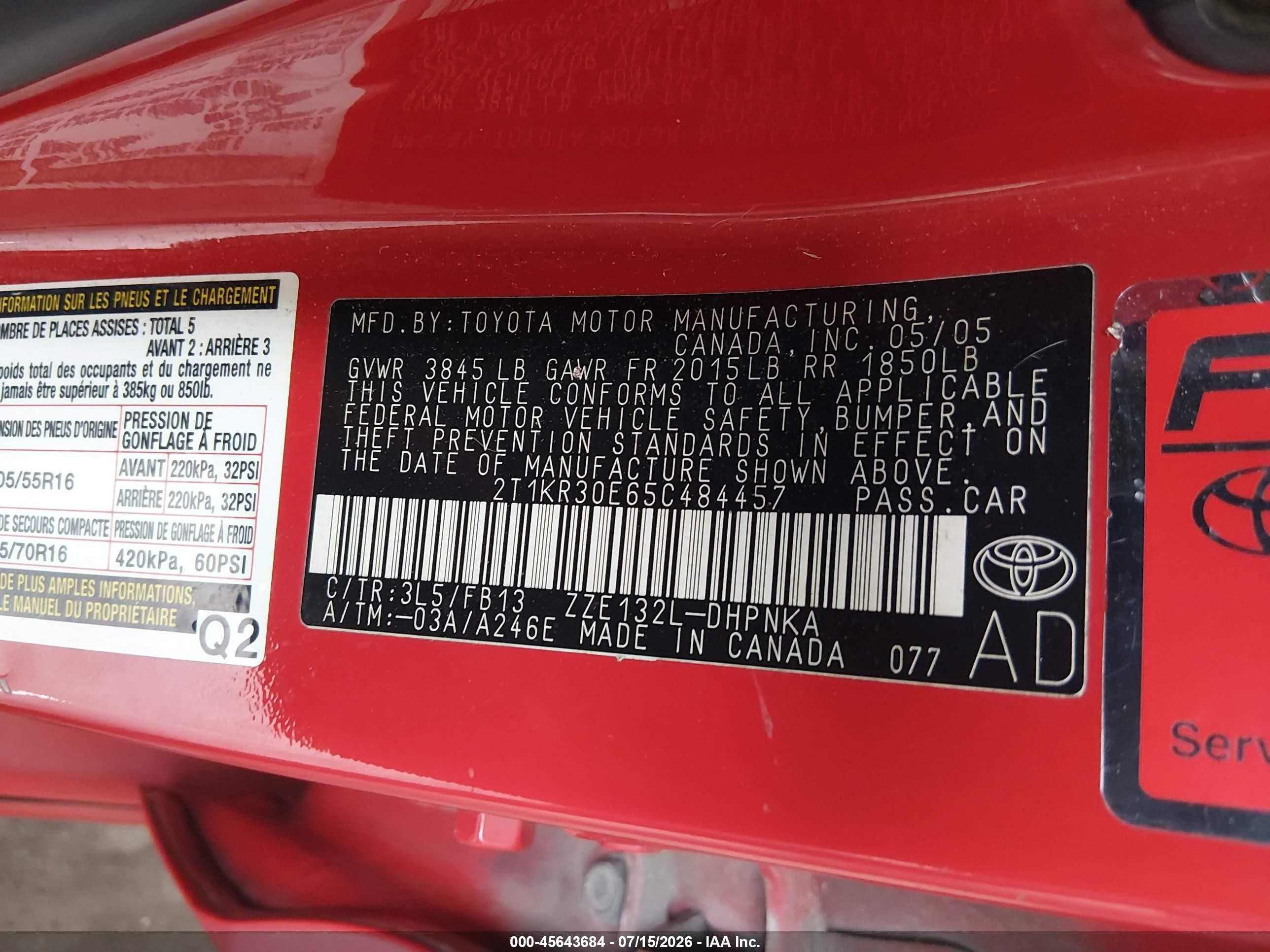 2005 Toyota Matrix Xr Red vin: 2T1KR30E65C484457