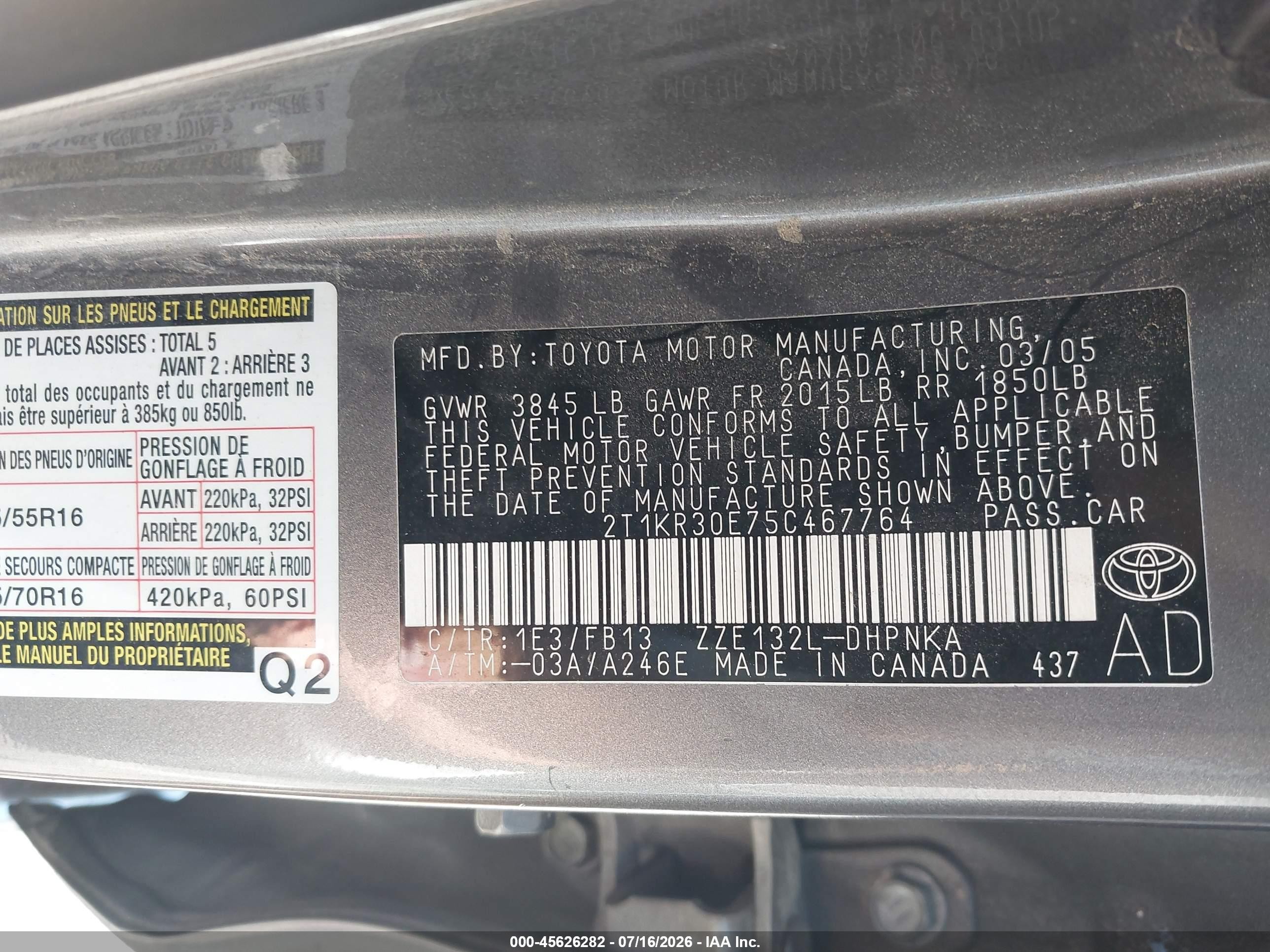 2005 Toyota Matrix Xr Gray vin: 2T1KR30E75C467764