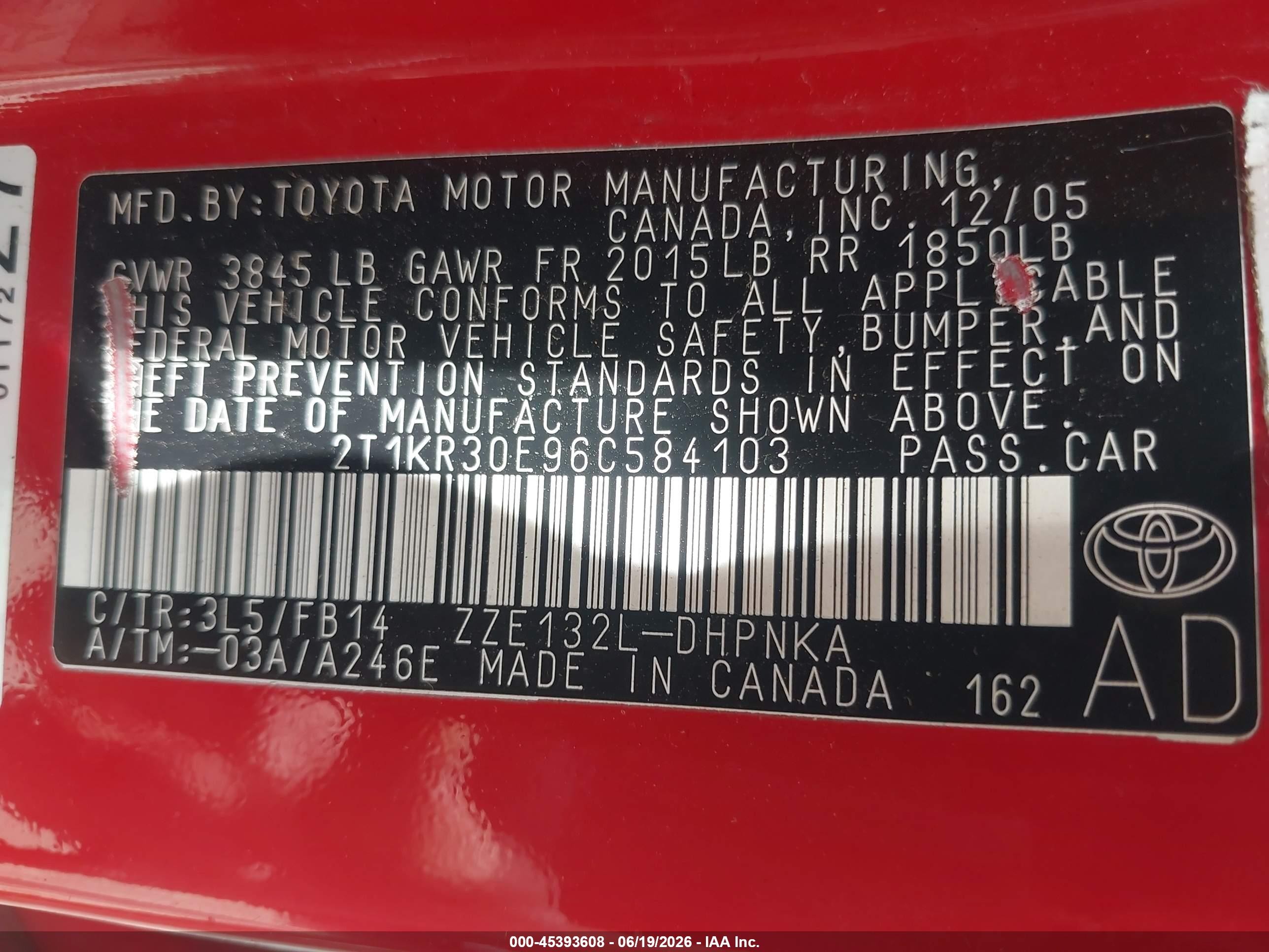 2006 Toyota Matrix Xr Red vin: 2T1KR30E96C584103