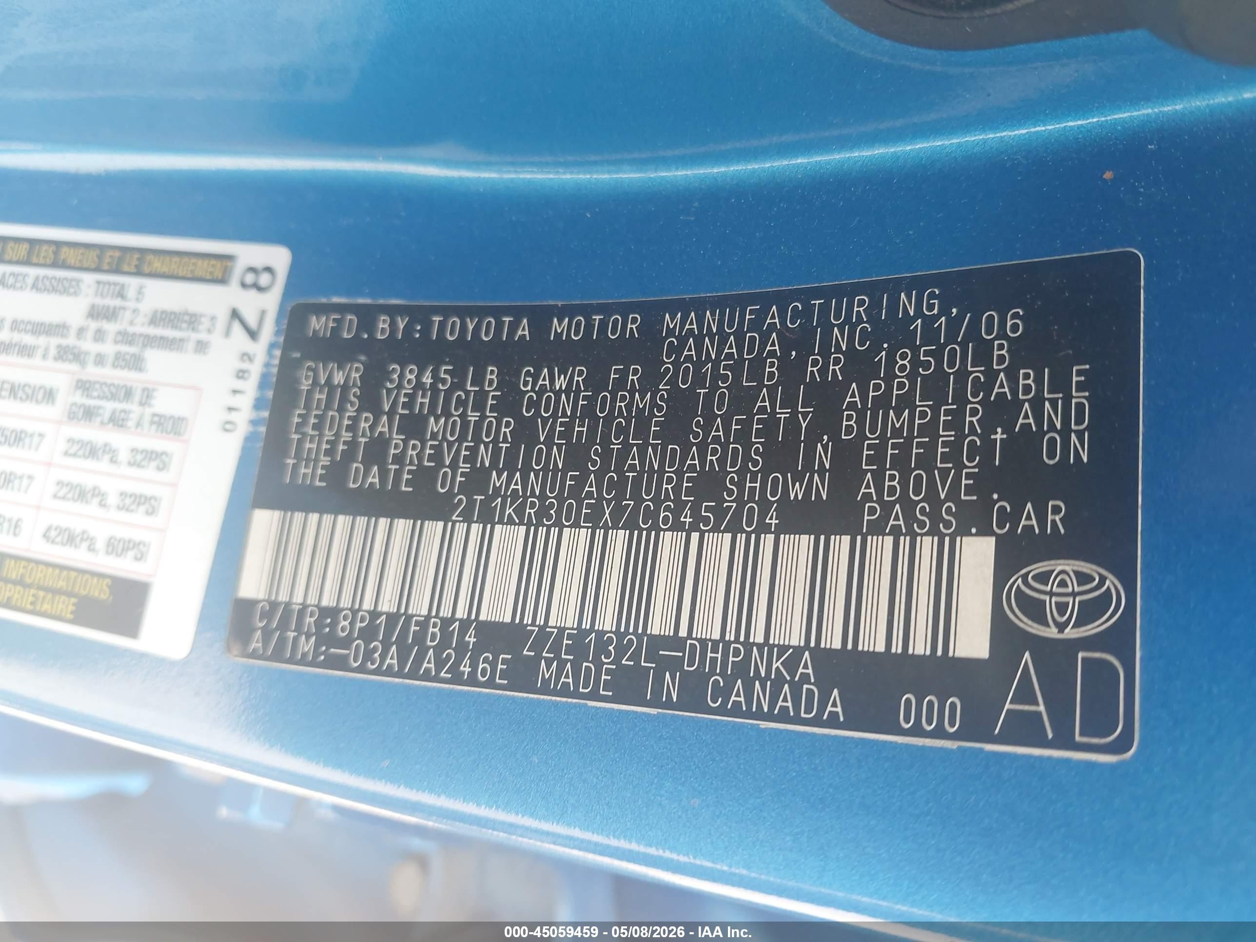 2007 Toyota Matrix Xr Blue vin: 2T1KR30EX7C645704