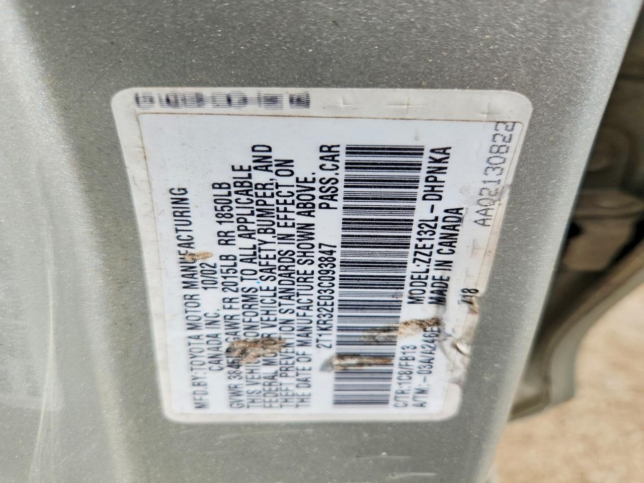 2003 Toyota Matrix Xr Silver vin: 2T1KR32E03C093847