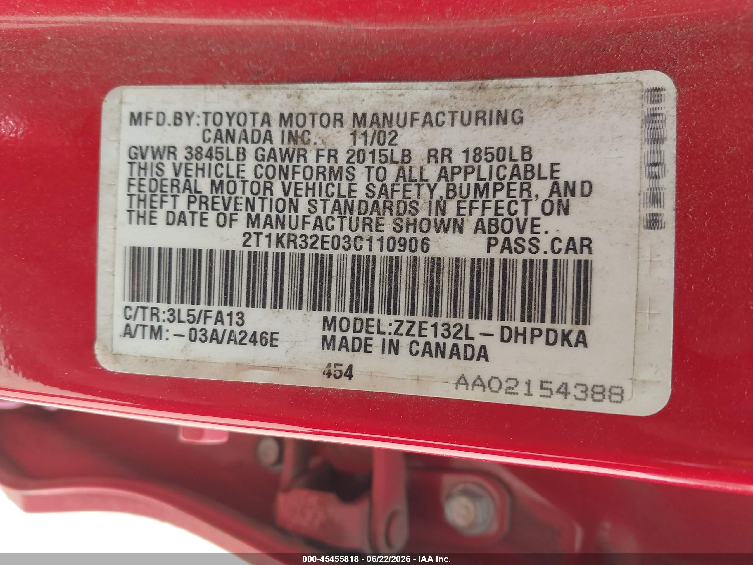 2003 Toyota Matrix Standard Red vin: 2T1KR32E03C110906