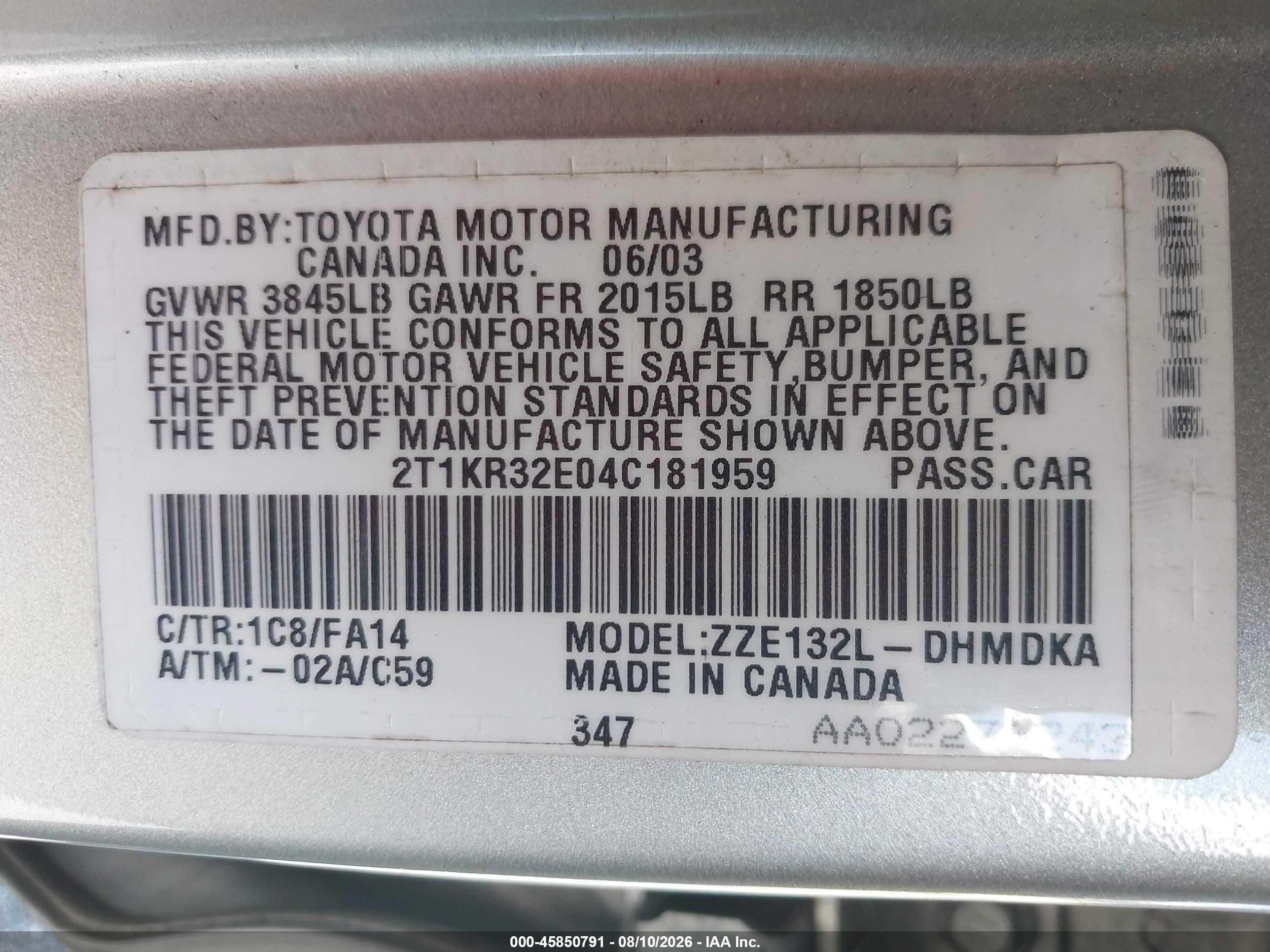 2004 Toyota Matrix Standard Silver vin: 2T1KR32E04C181959