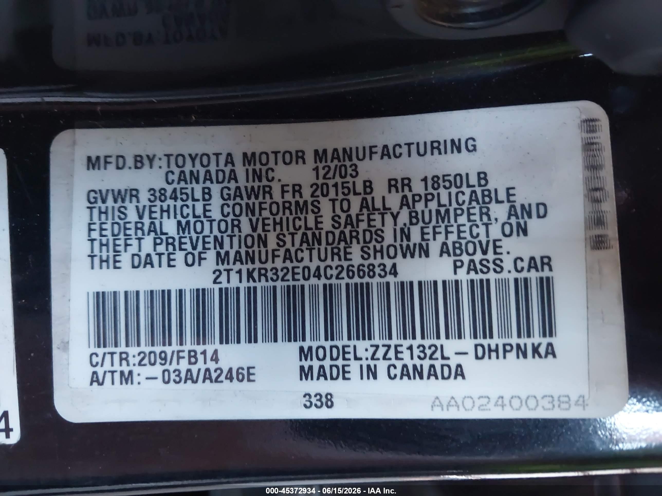 2004 Toyota Matrix Xr Черный vin: 2T1KR32E04C266834