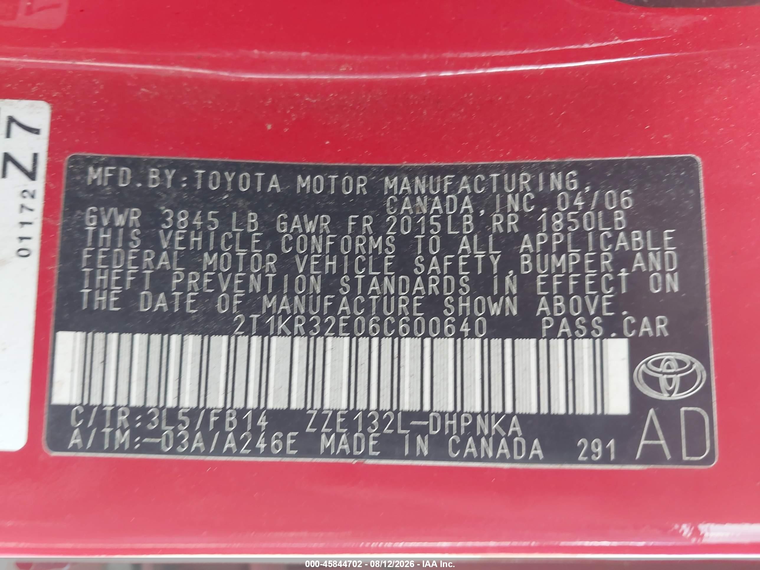 2006 Toyota Matrix Xr Red vin: 2T1KR32E06C600640