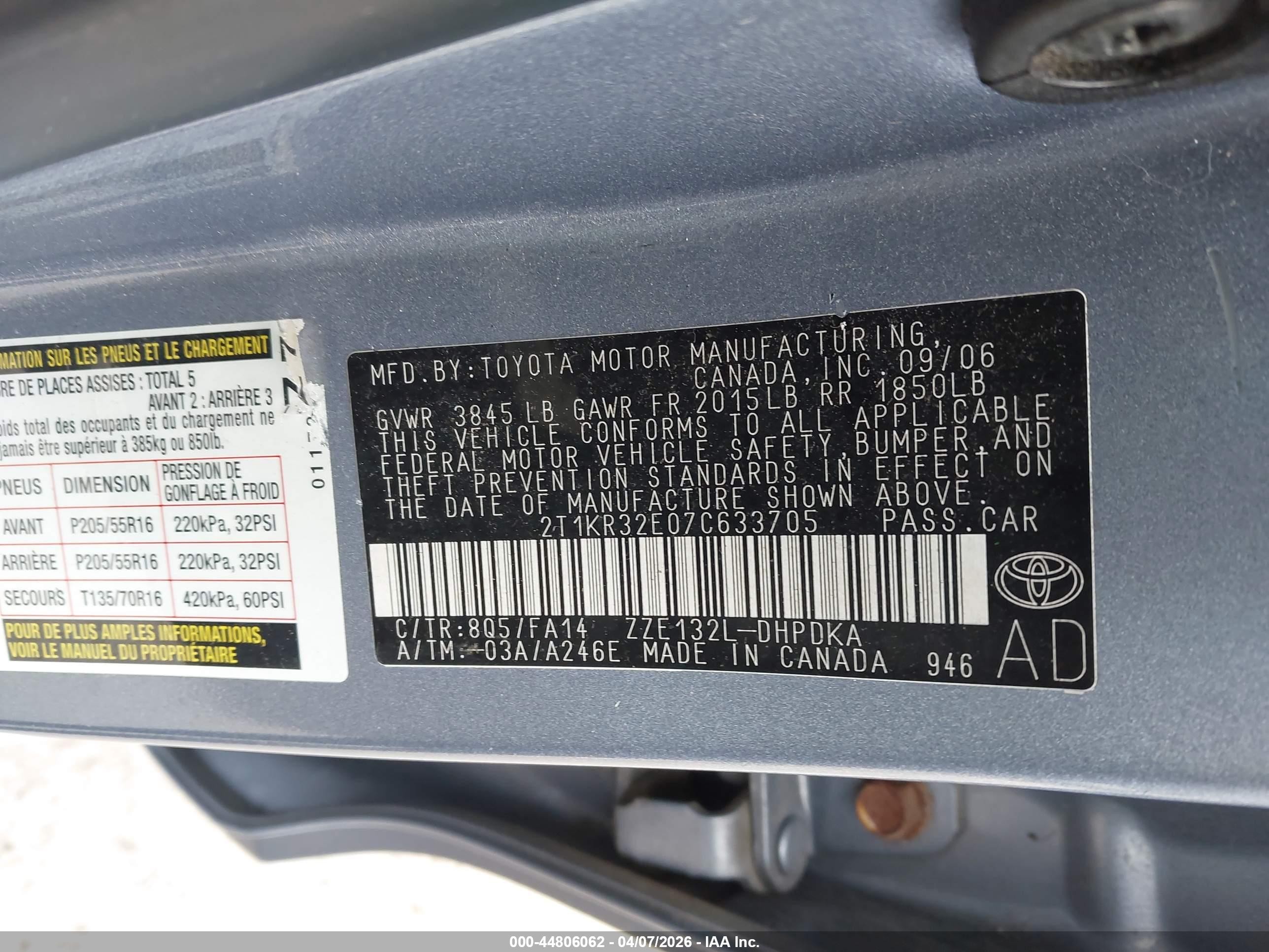 2007 Toyota Matrix Blue vin: 2T1KR32E07C633705