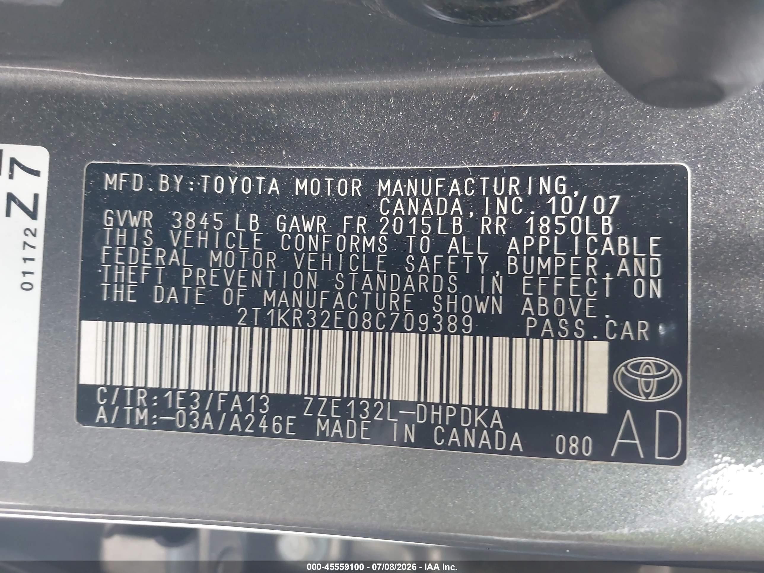 2008 Toyota Matrix Std Gray vin: 2T1KR32E08C709389