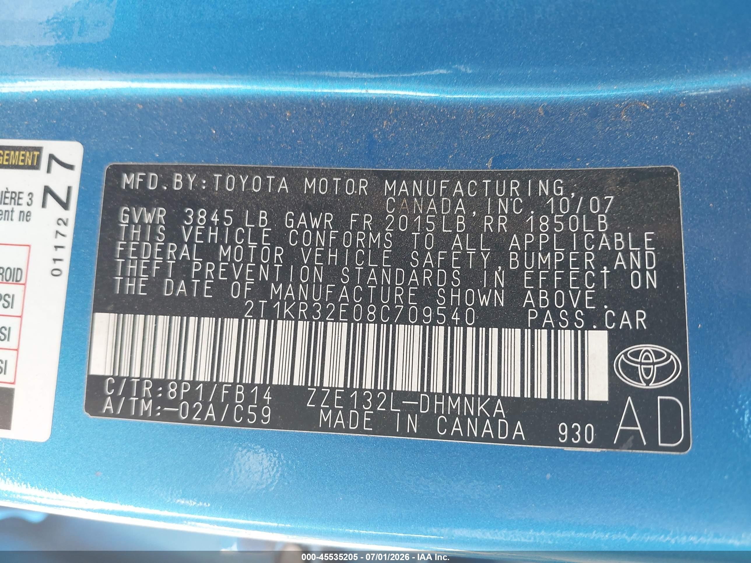 2008 Toyota Matrix Xr Blue vin: 2T1KR32E08C709540