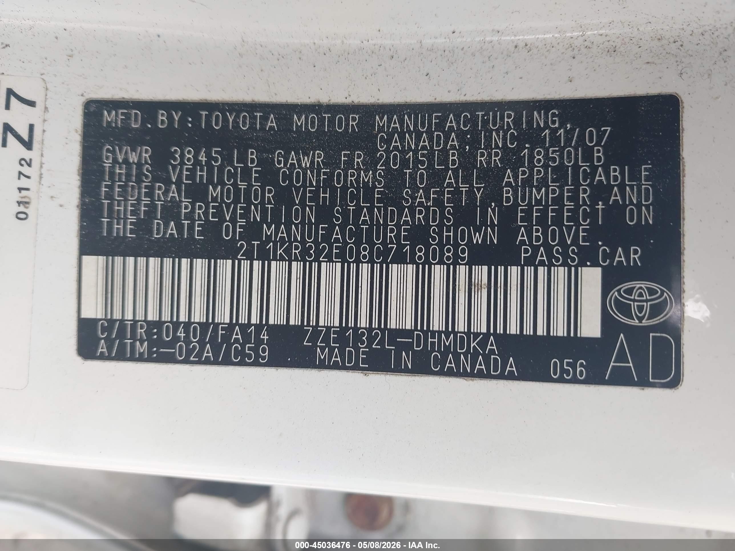2008 Toyota Matrix   White vin: 2T1KR32E08C718089