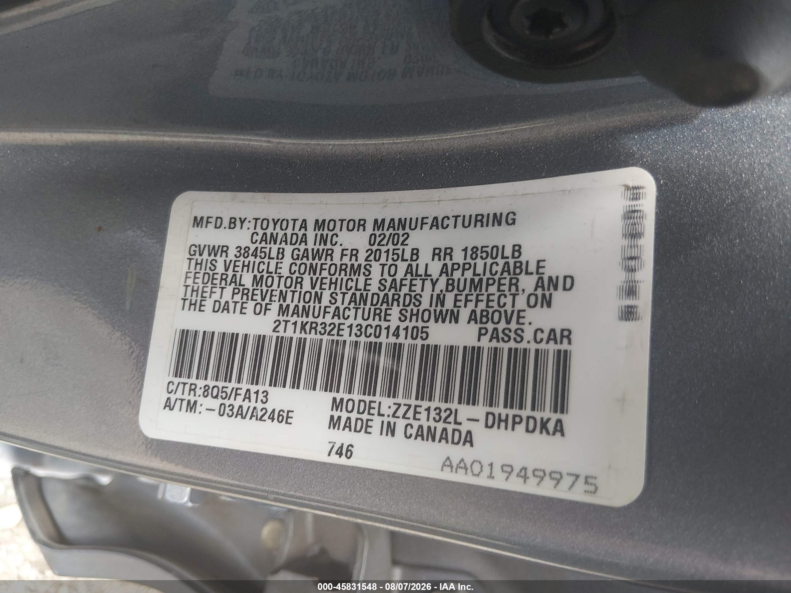 2003 Toyota Matrix Standard Blue vin: 2T1KR32E13C014105