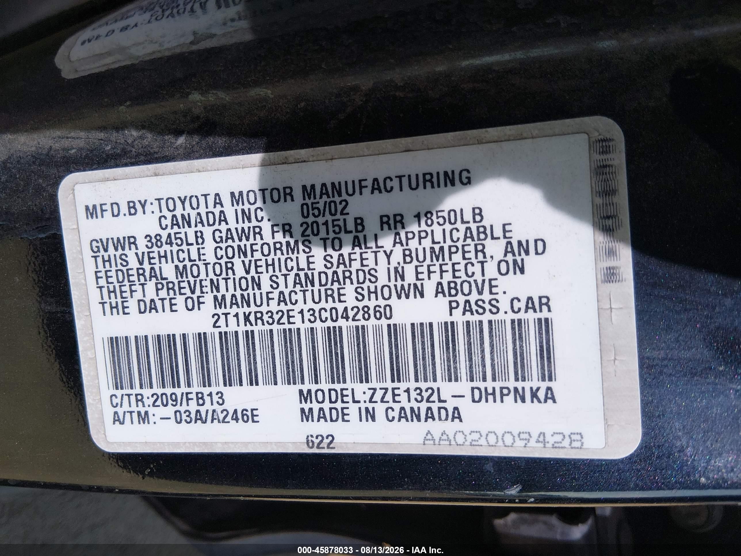 2003 Toyota Matrix Xr Black vin: 2T1KR32E13C042860