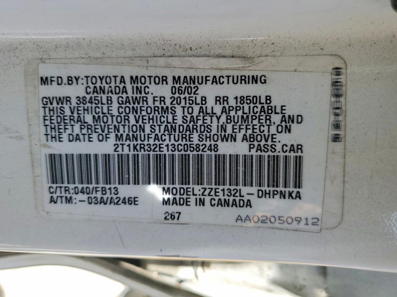 2003 Toyota Matrix Xr White vin: 2T1KR32E13C058248