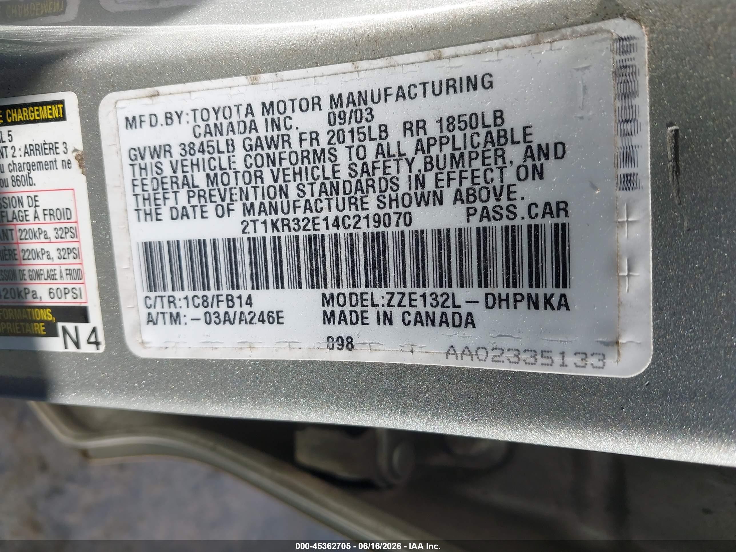 2004 Toyota Matrix Xr Gray vin: 2T1KR32E14C219070